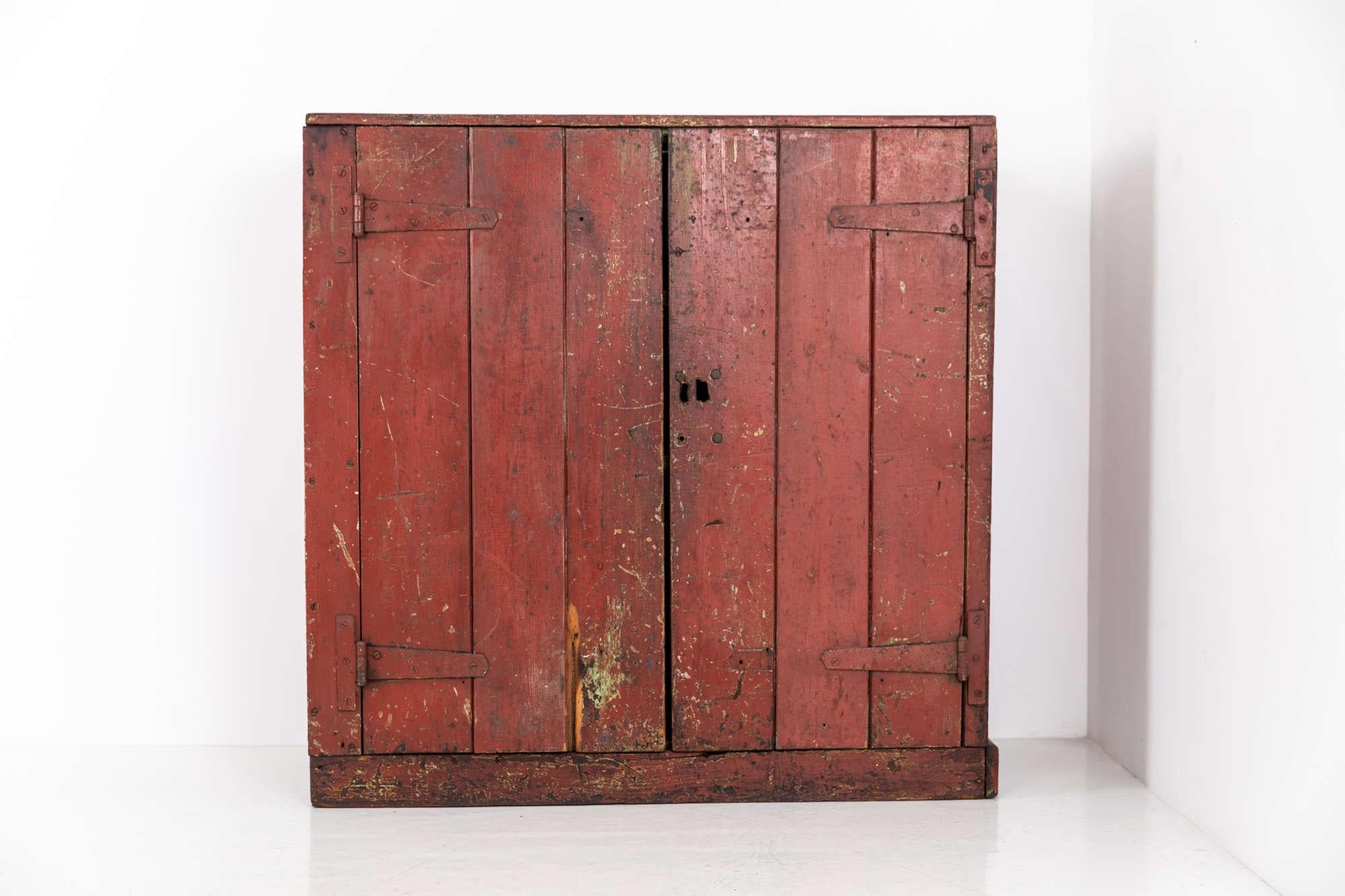 

A beautiful red painted 19th century pine cupboard. Welsh, c.1880

Very old, wonderfully time-worn, red painted exterior with two front doors revealing a contrasting green painted interior with two fixed shelves.

Please get in touch with a