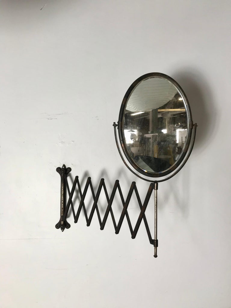Antique Industrial Age Oval Bronze Toned Scissor Accordion Wall Mount Mirror at 1stDibs