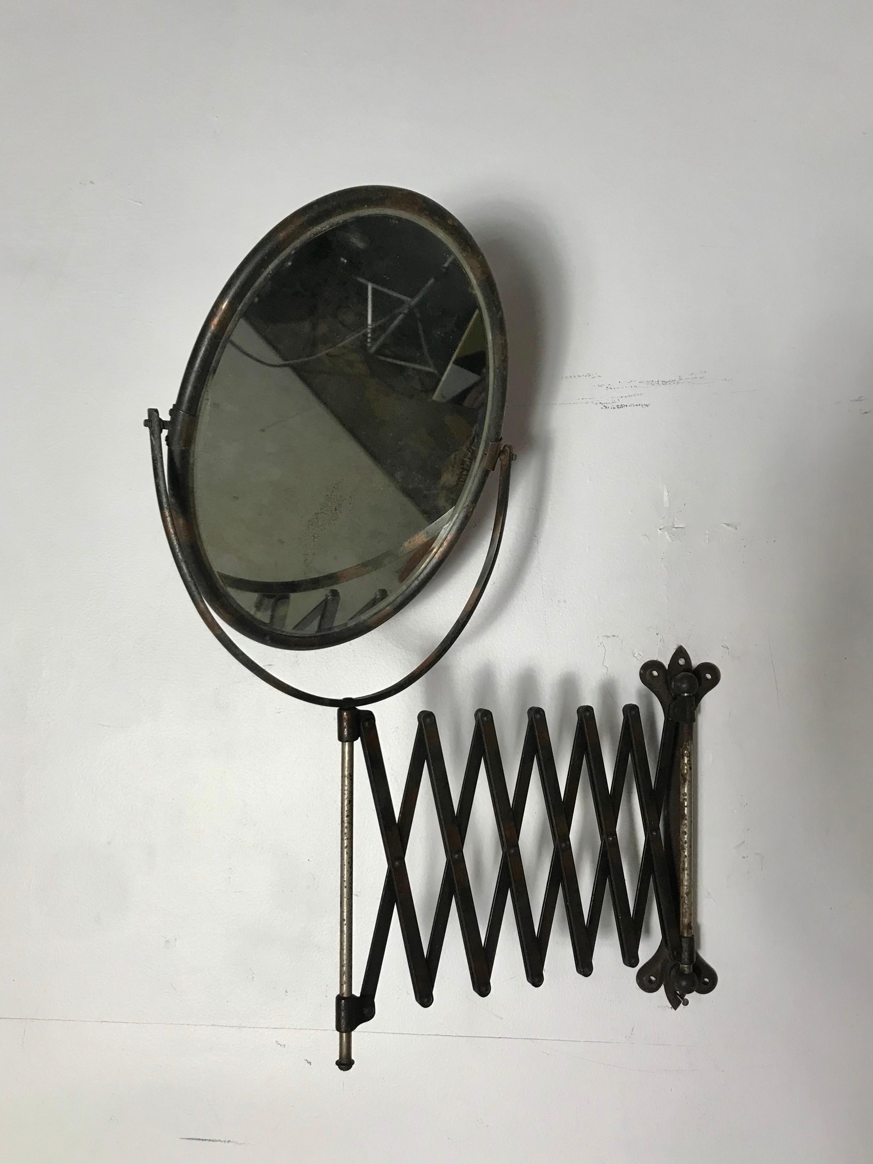 Antique Industrial Age Oval Bronze Toned Scissor Accordion Wall Mount Mirror In Distressed Condition In Buffalo, NY