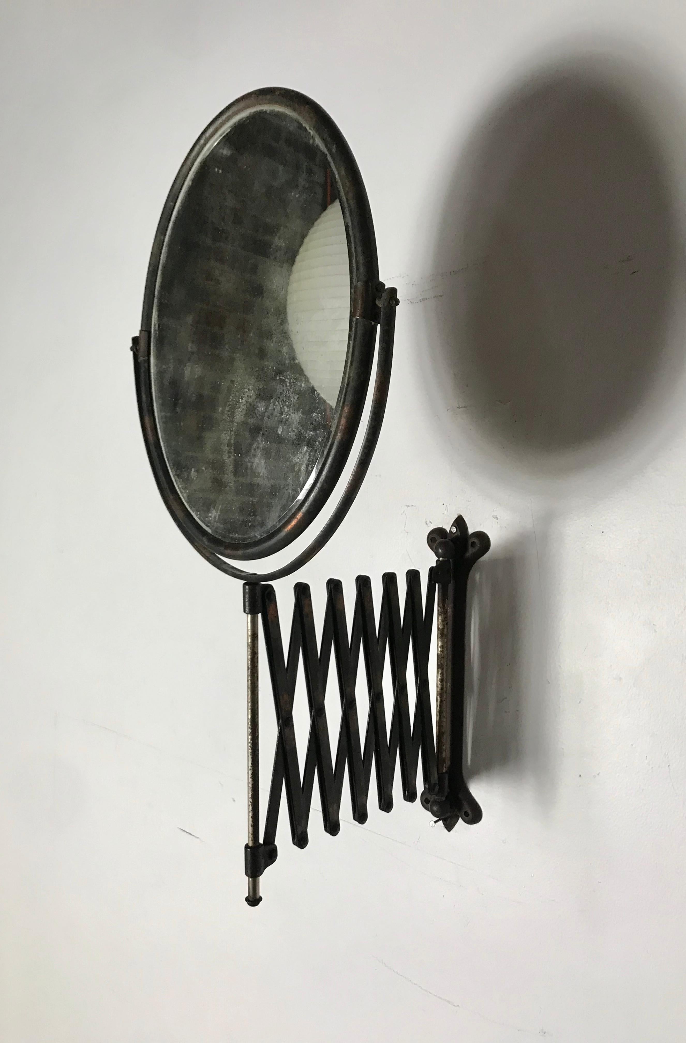 Late 19th Century Antique Industrial Age Oval Bronze Toned Scissor Accordion Wall Mount Mirror
