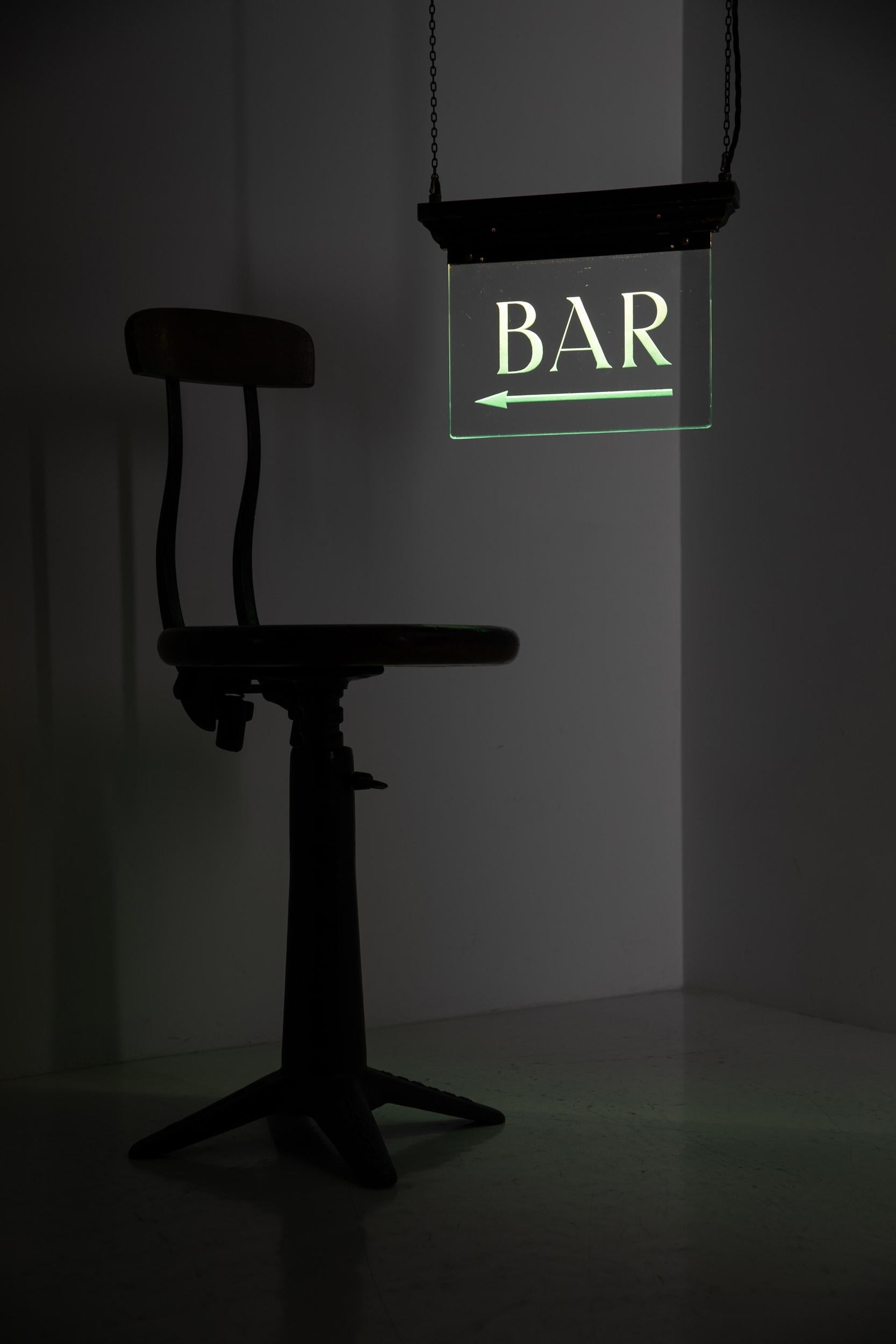 Etched Antique Industrial Art Deco 'Bar' Illuminated Glass Sign, circa 1920 For Sale