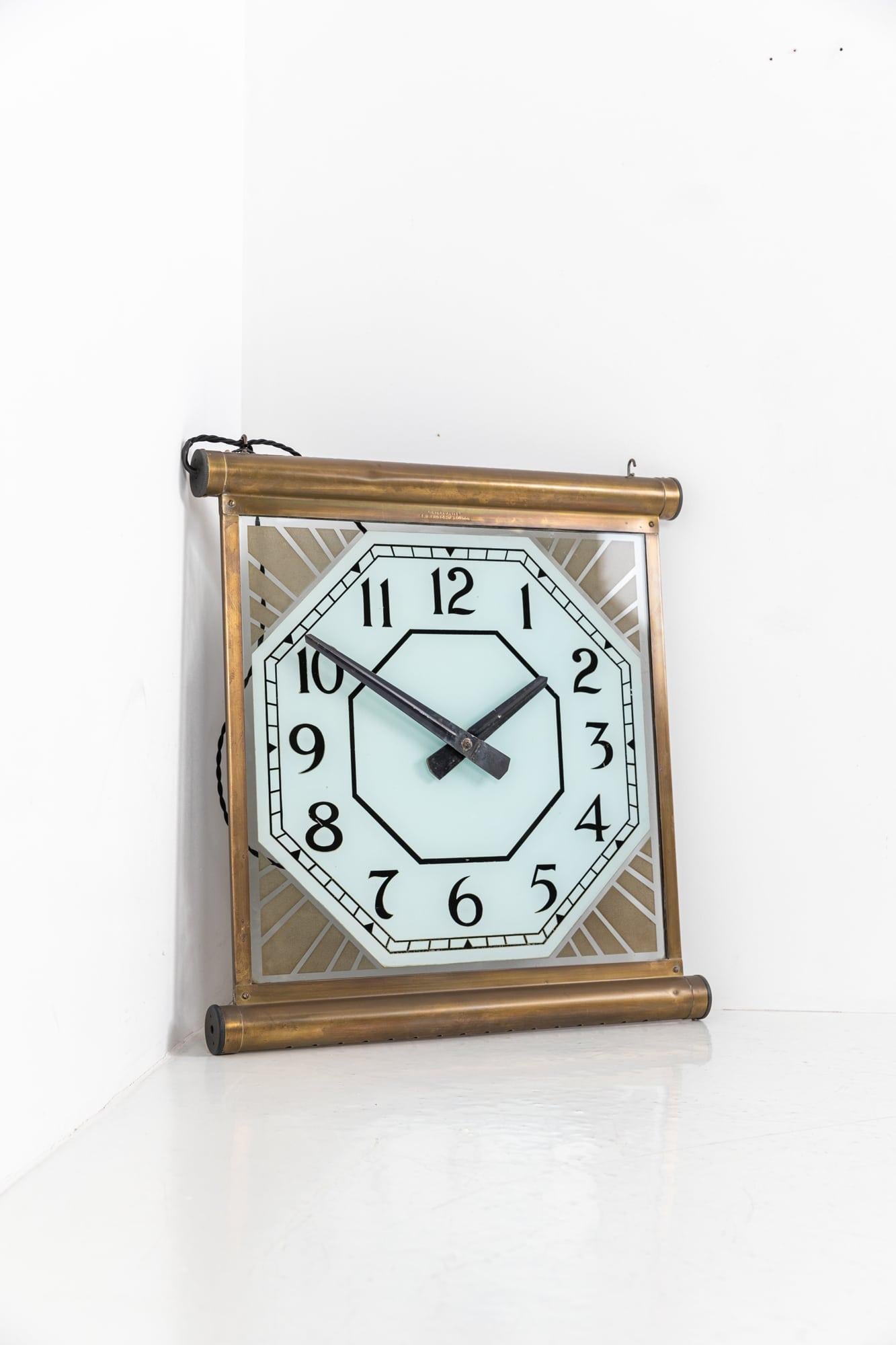 Etched Antique Industrial Art Deco Brass Internalite 'Smiths' Illuminated Clock, C.1930