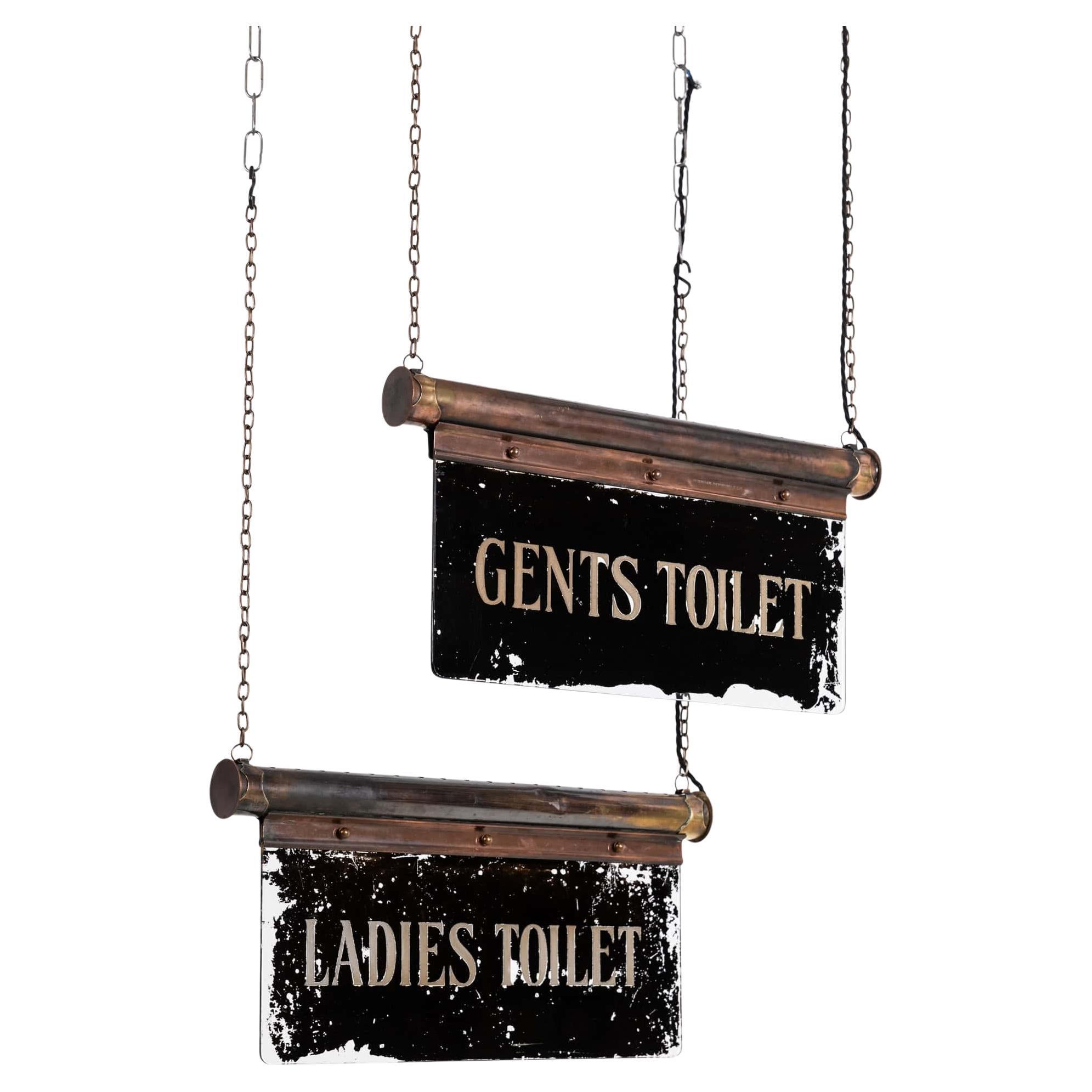 Antique Industrial Art Deco Brass Ladies & Gents Toilet Illuminated Sign, C.1920