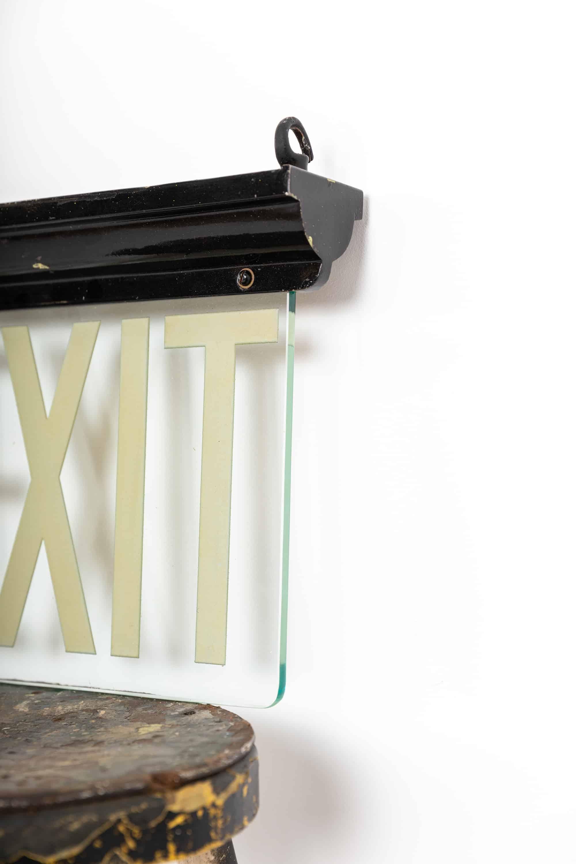 Etched Antique Industrial Art Deco 'Exit' Illuminated Glass Sign, circa 1920 For Sale