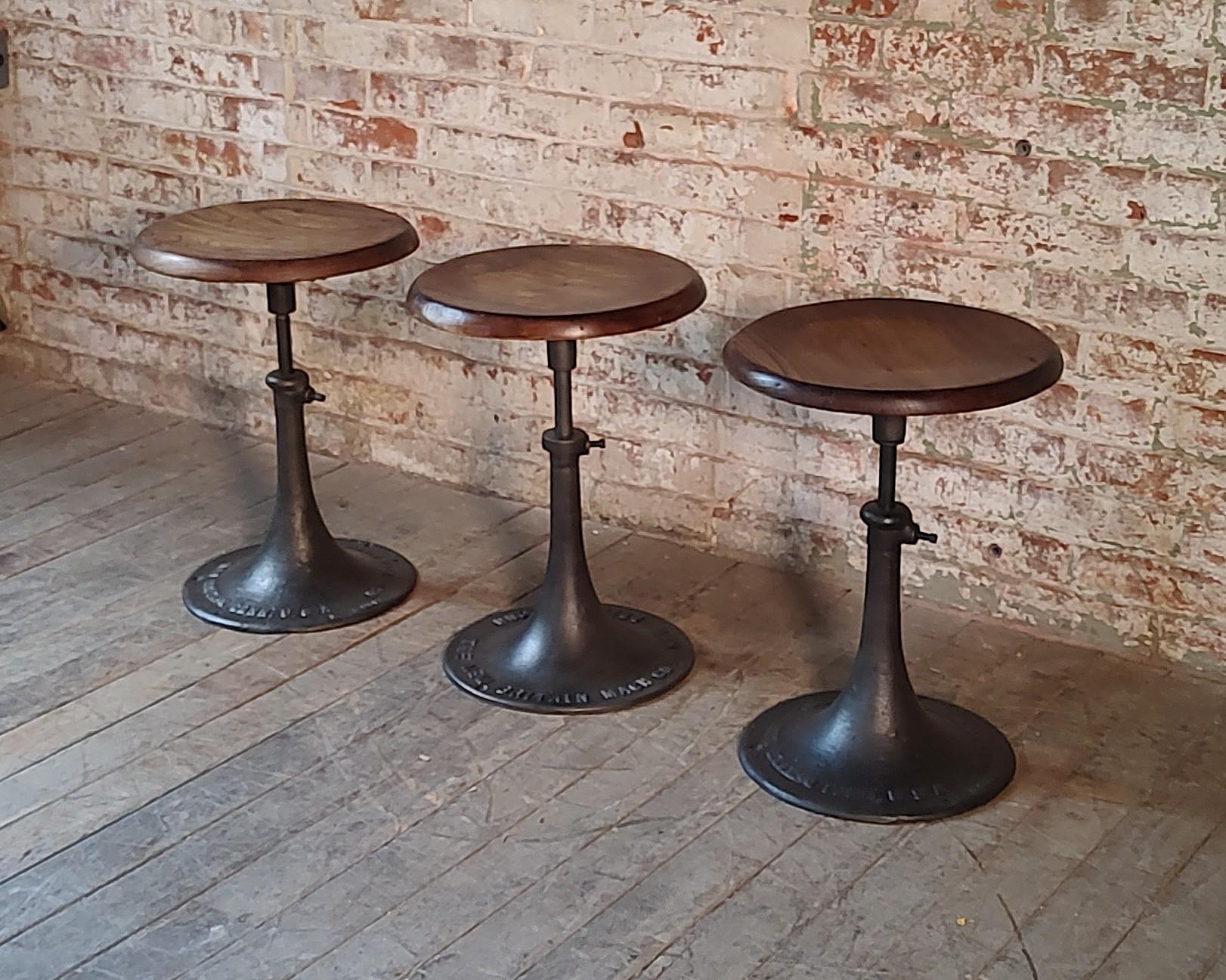 Set of Three Vintage Industrial Factory Stools by New Britain Machine Co., New Britain, CT

**Note that the brand embossment differs slightly on each stool**

Seat Height as Pictured: 20
