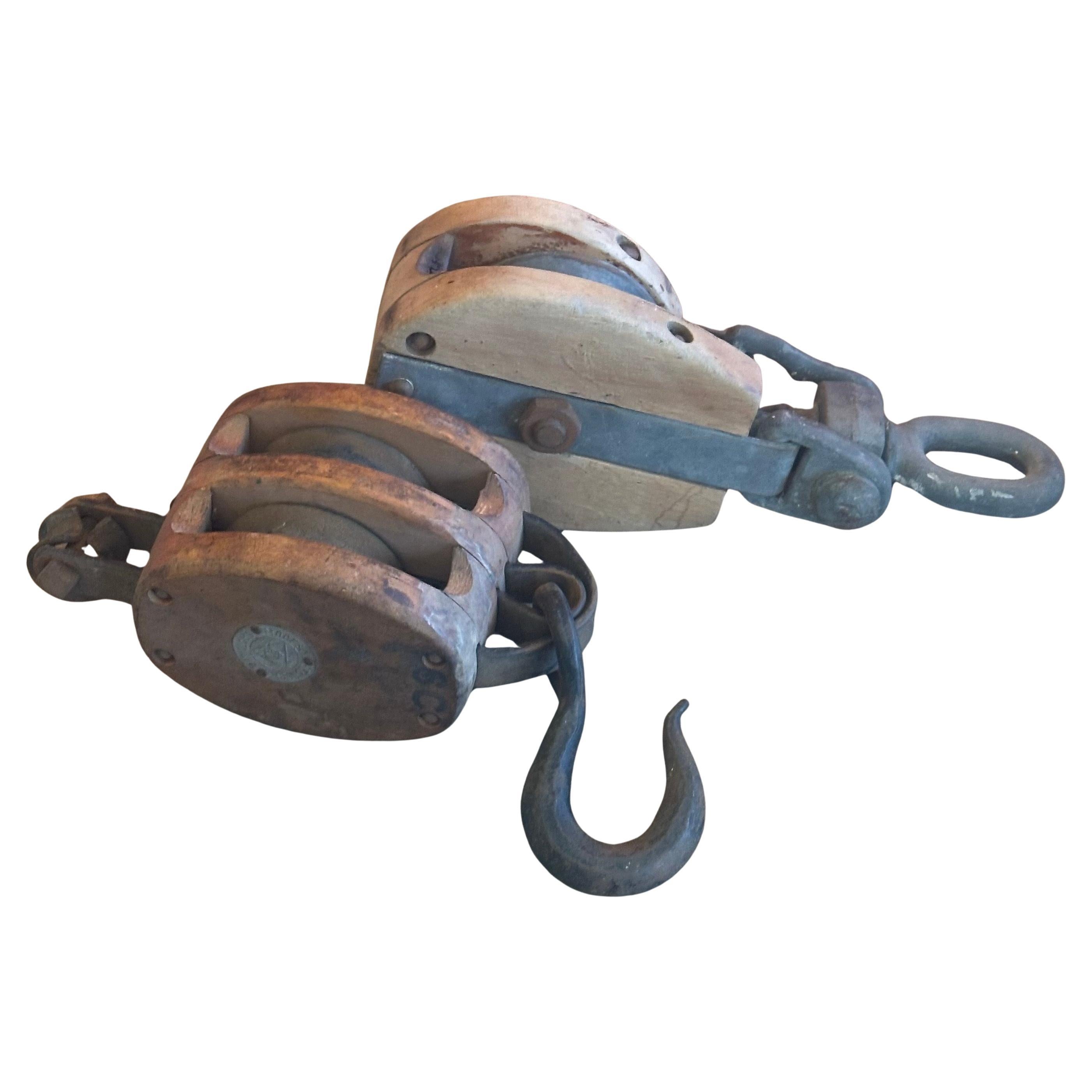 Antique industrial block and tackle pulley / hook by Madesco Products, circa 1930s. The two piece system is in good vintage condition and the larger piece measures 5