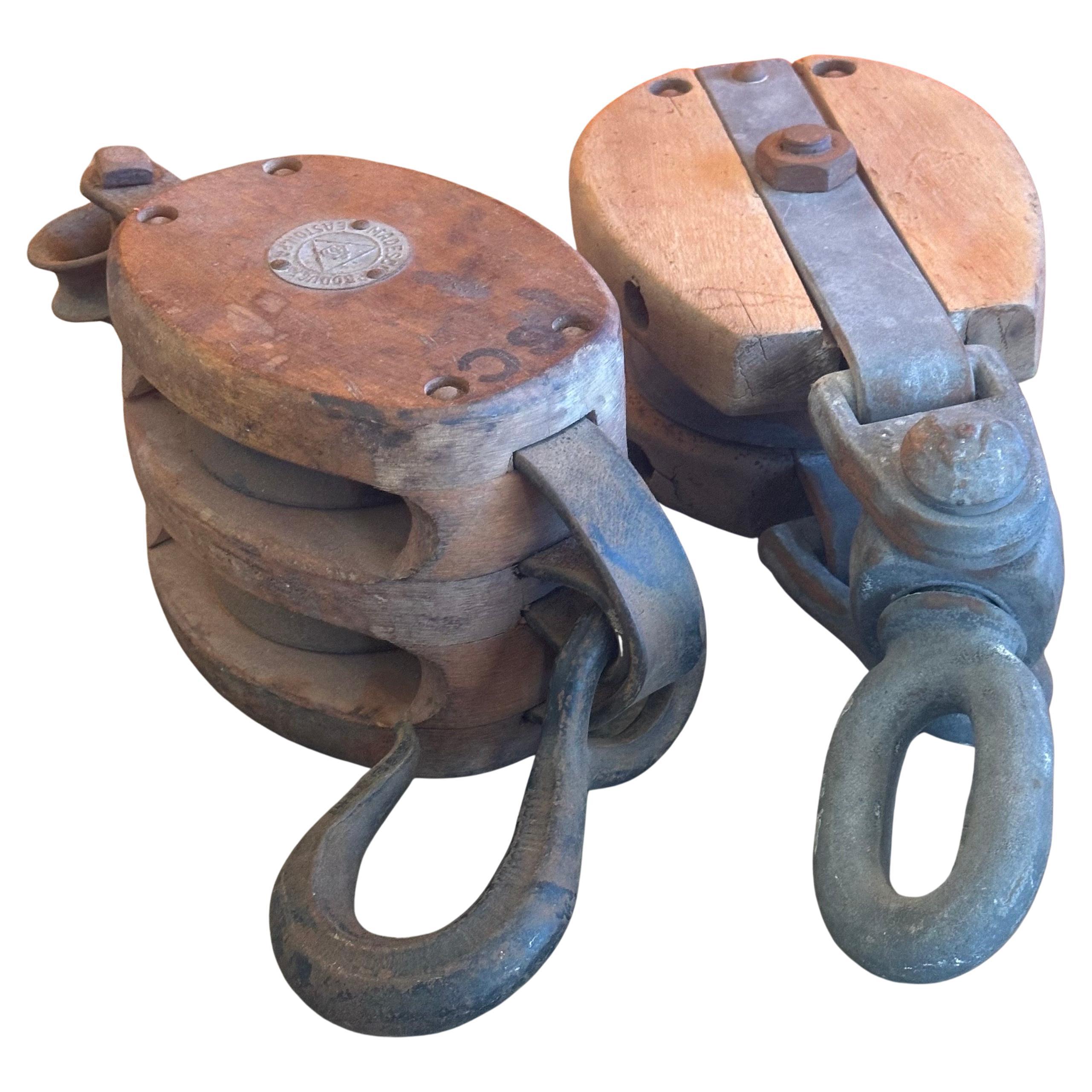 Antique Industrial Block and Tackle Pulley / Hook by Madesco Products In Good Condition For Sale In San Diego, CA