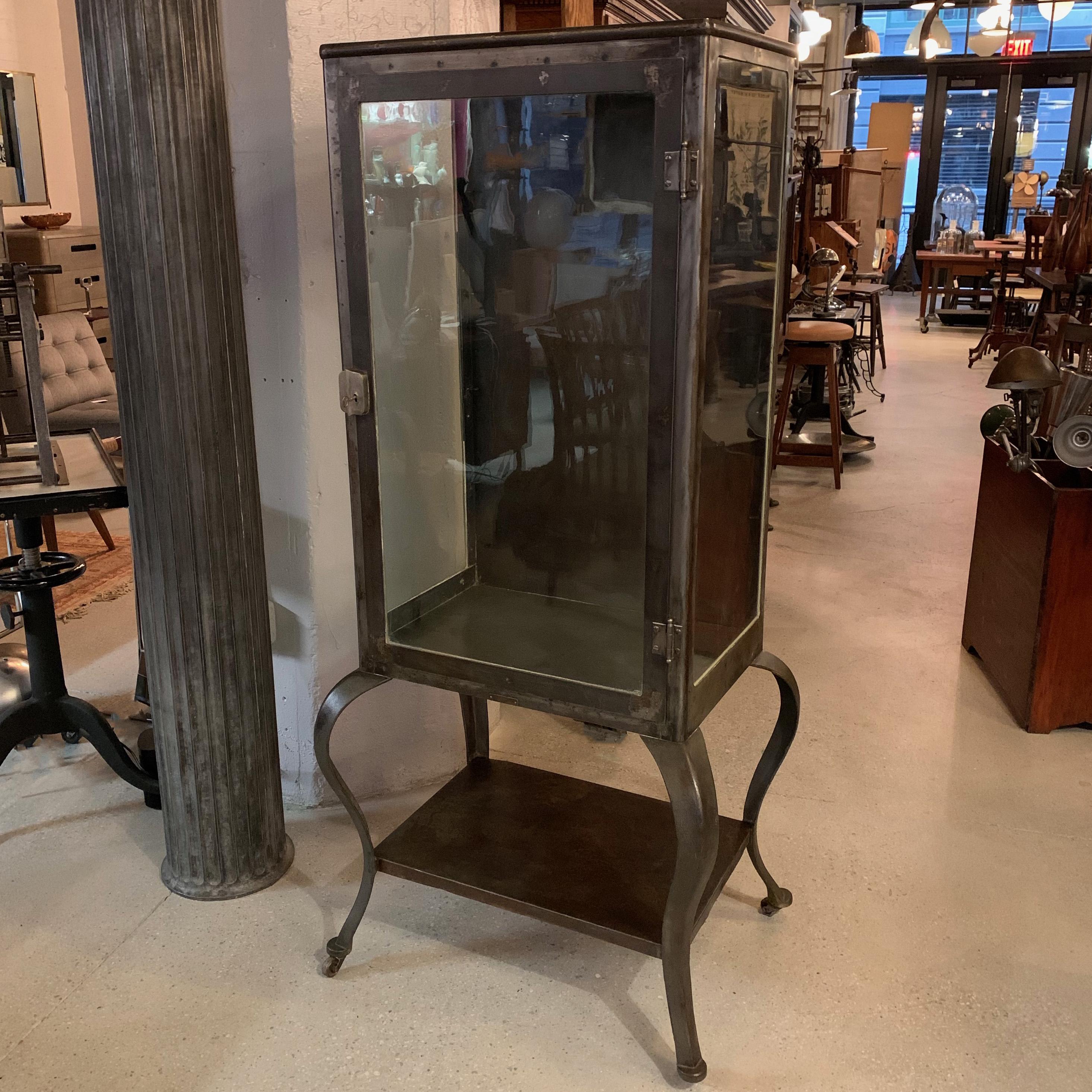 Antique Industrial Brushed Steel Apothecary Display Cabinet In Good Condition In Brooklyn, NY