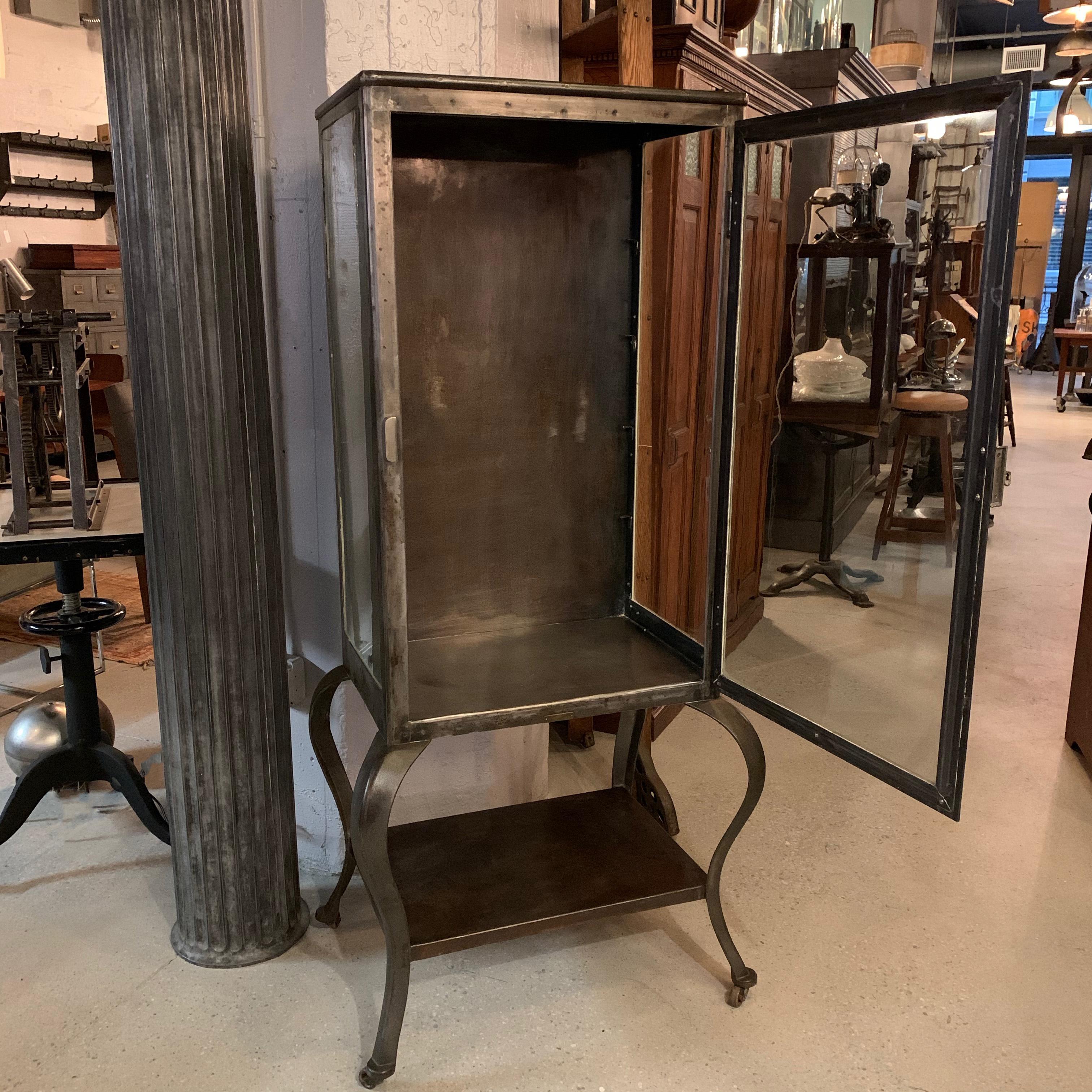 Glass Antique Industrial Brushed Steel Apothecary Display Cabinet