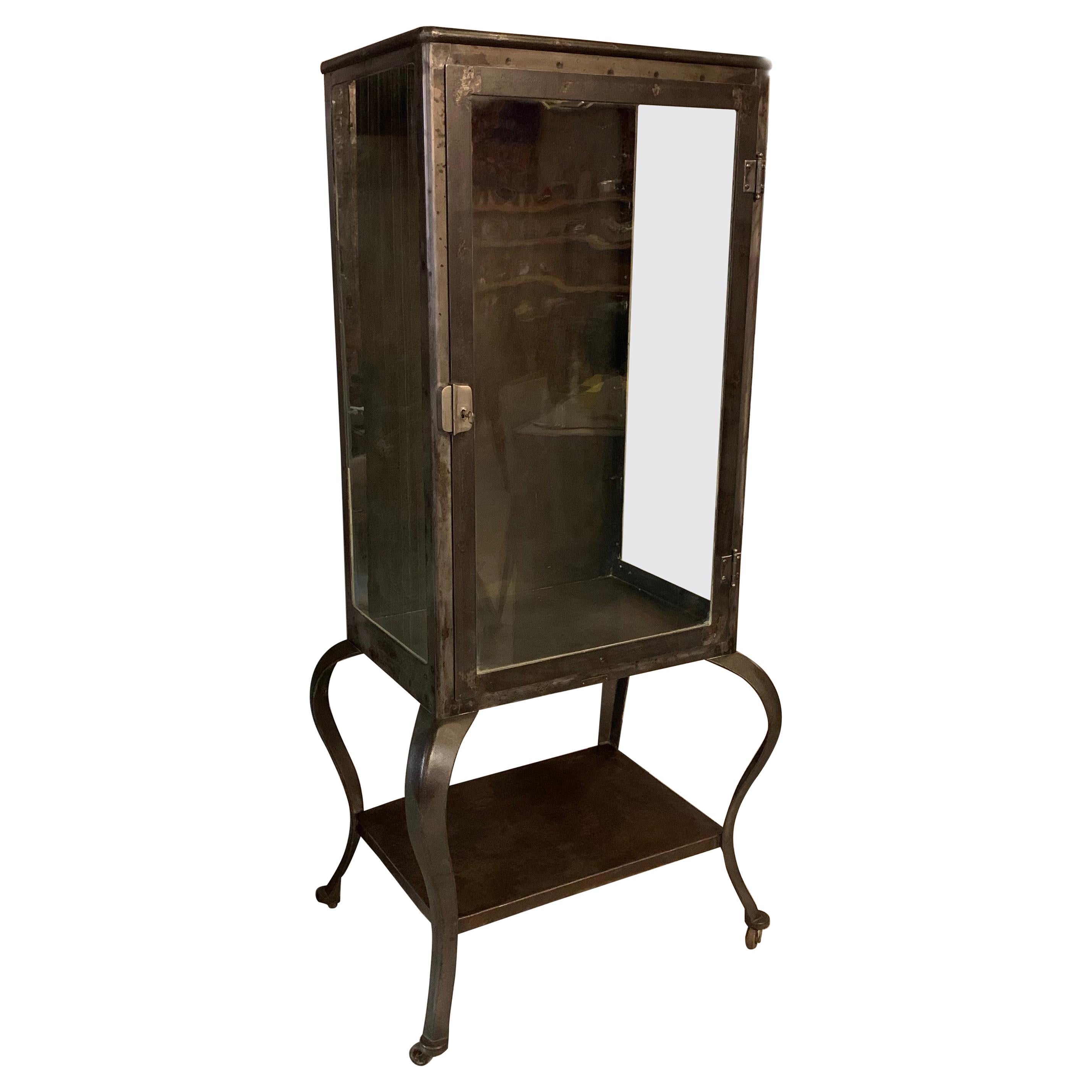 Antique Industrial Brushed Steel Apothecary Display Cabinet