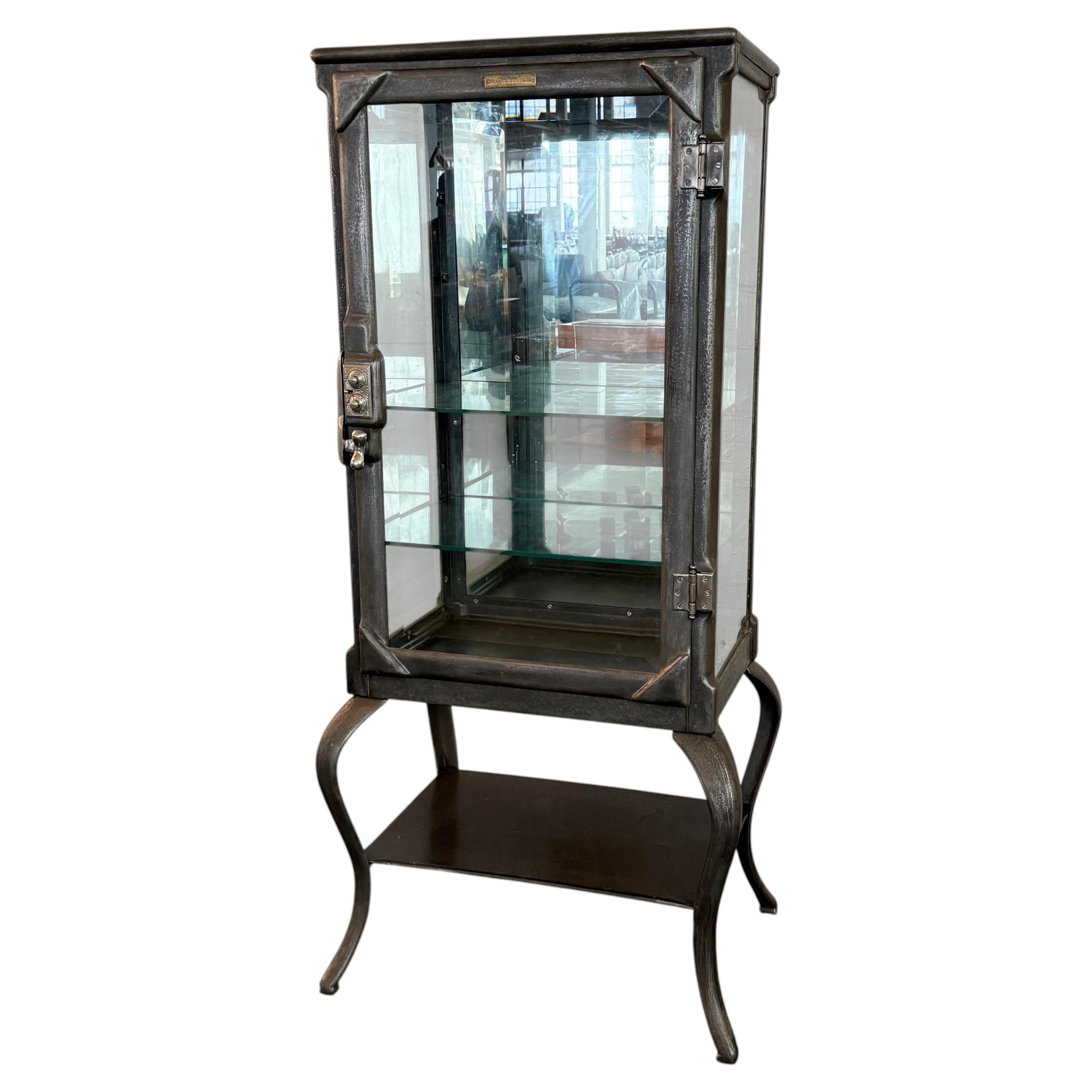 Antique Industrial Brushed Steel Apothecary Vitrine Cabinet