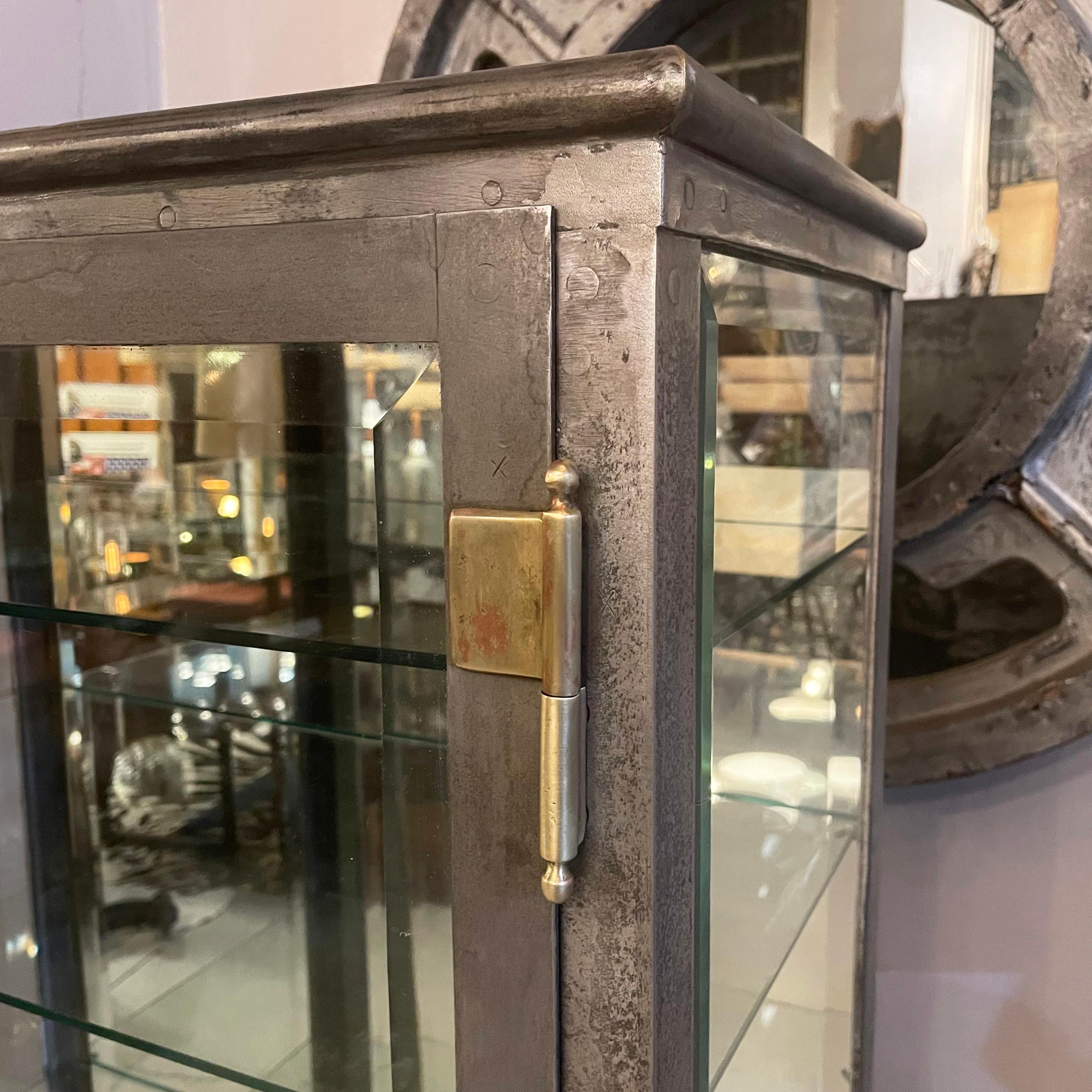 Antiker Industrieller Apotheker-Vitrinenschrank aus gebürstetem Stahl mit doppelter Tür im Angebot 3