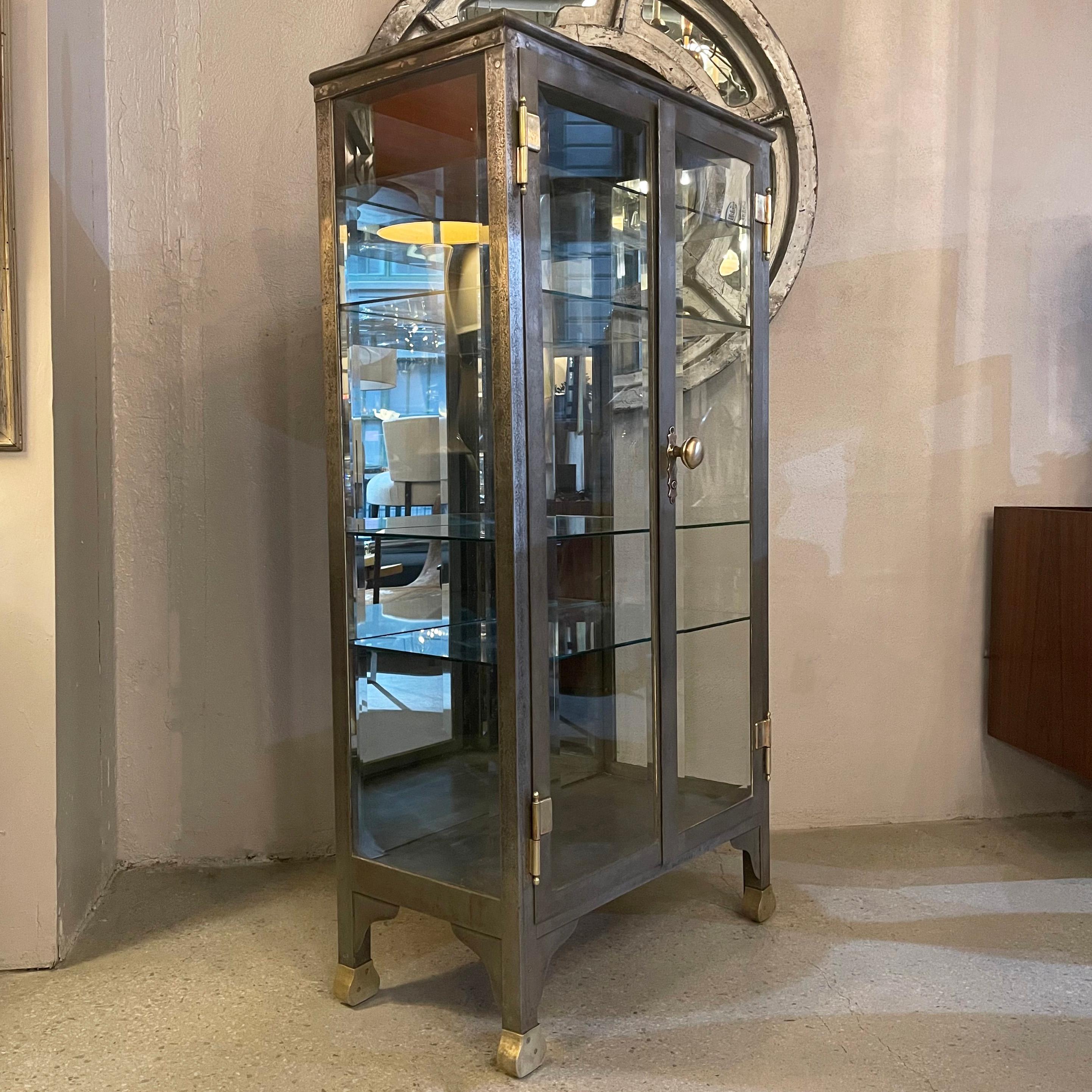Antique Industrial Brushed Steel Double Door Apothecary Display Cabinet For Sale 4