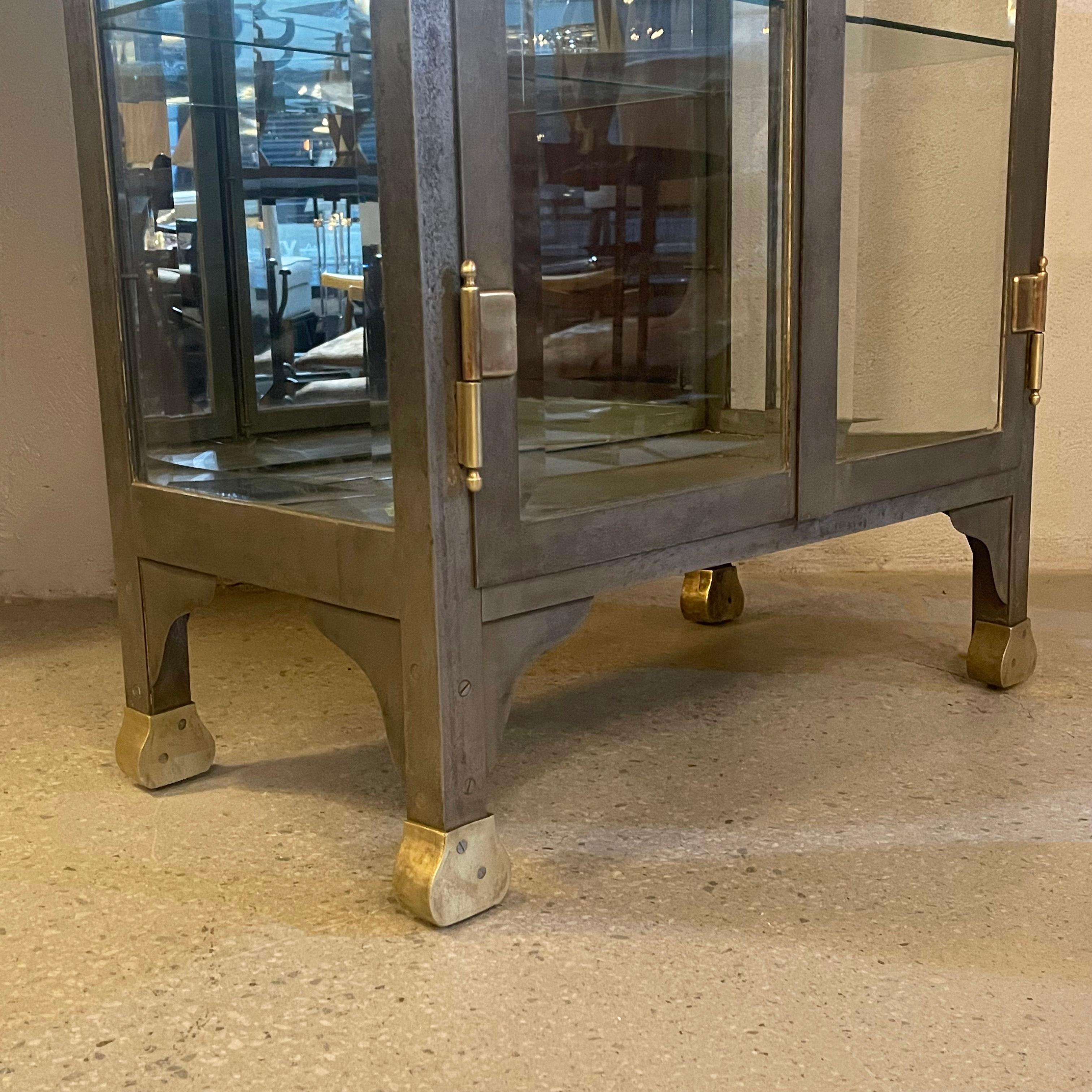 Antique Industrial Brushed Steel Double Door Apothecary Display Cabinet For Sale 5
