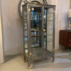 Antique Industrial Brushed Steel Double Door Apothecary Display Cabinet