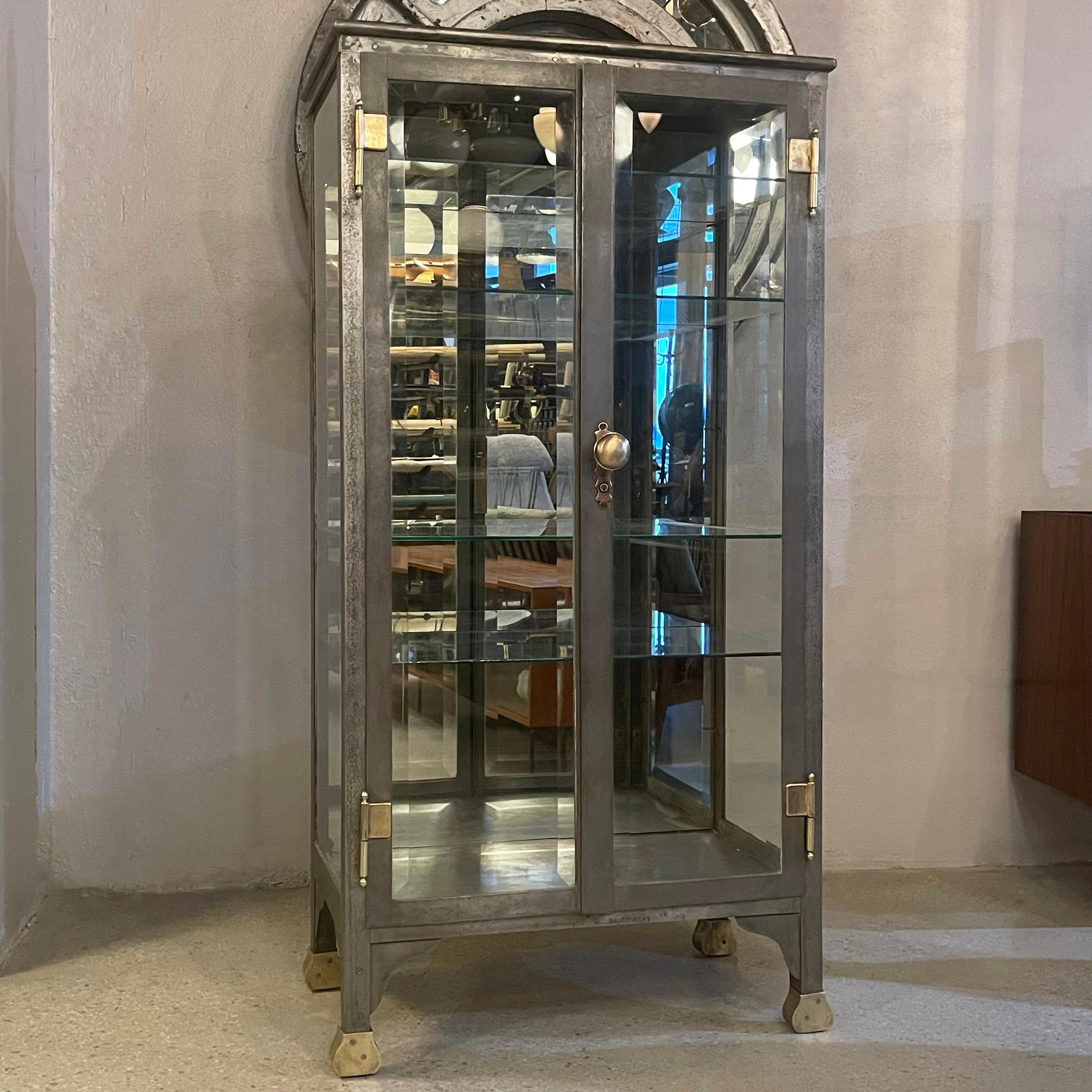 American Antique Industrial Brushed Steel Double Door Apothecary Display Cabinet For Sale
