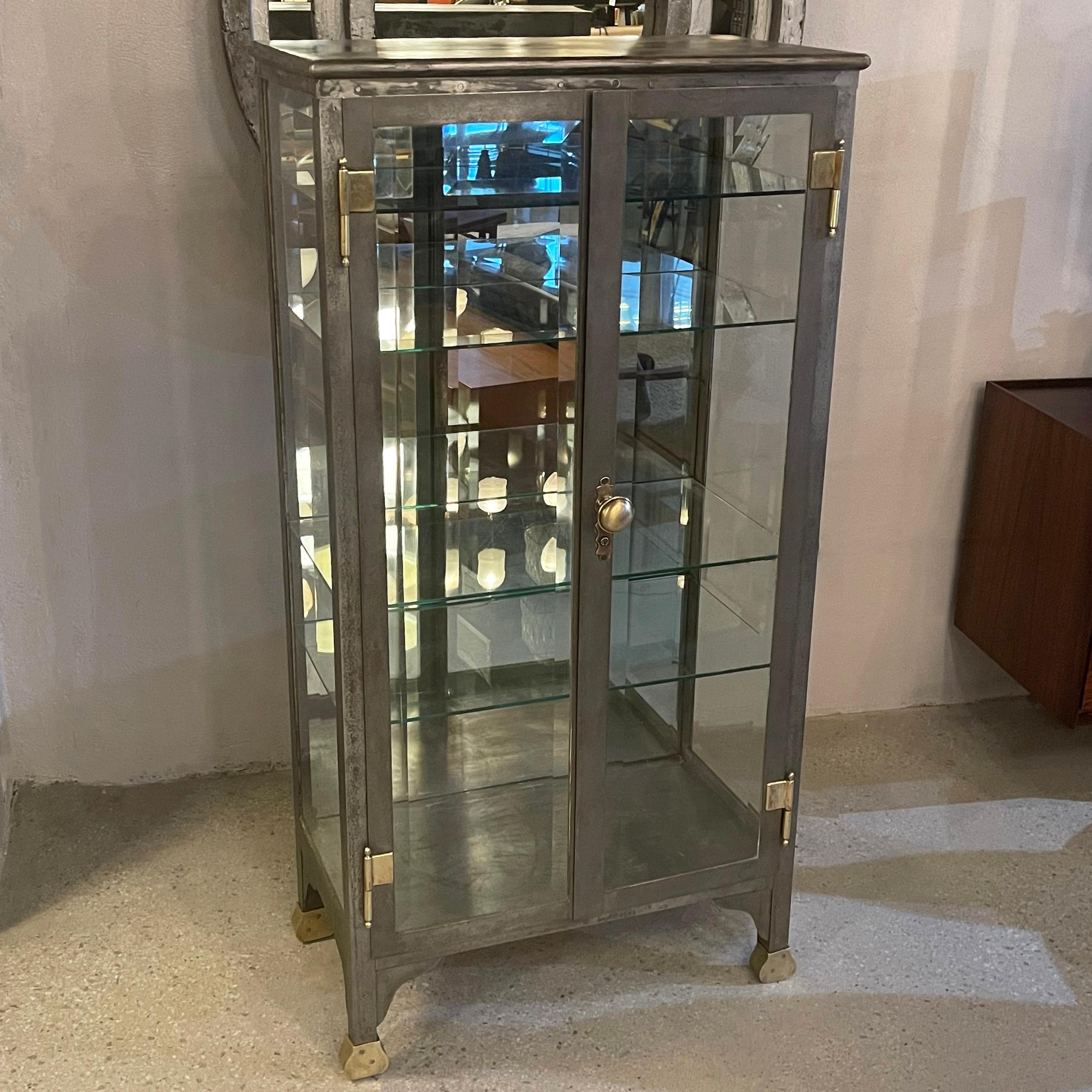 Beveled Antique Industrial Brushed Steel Double Door Apothecary Display Cabinet For Sale
