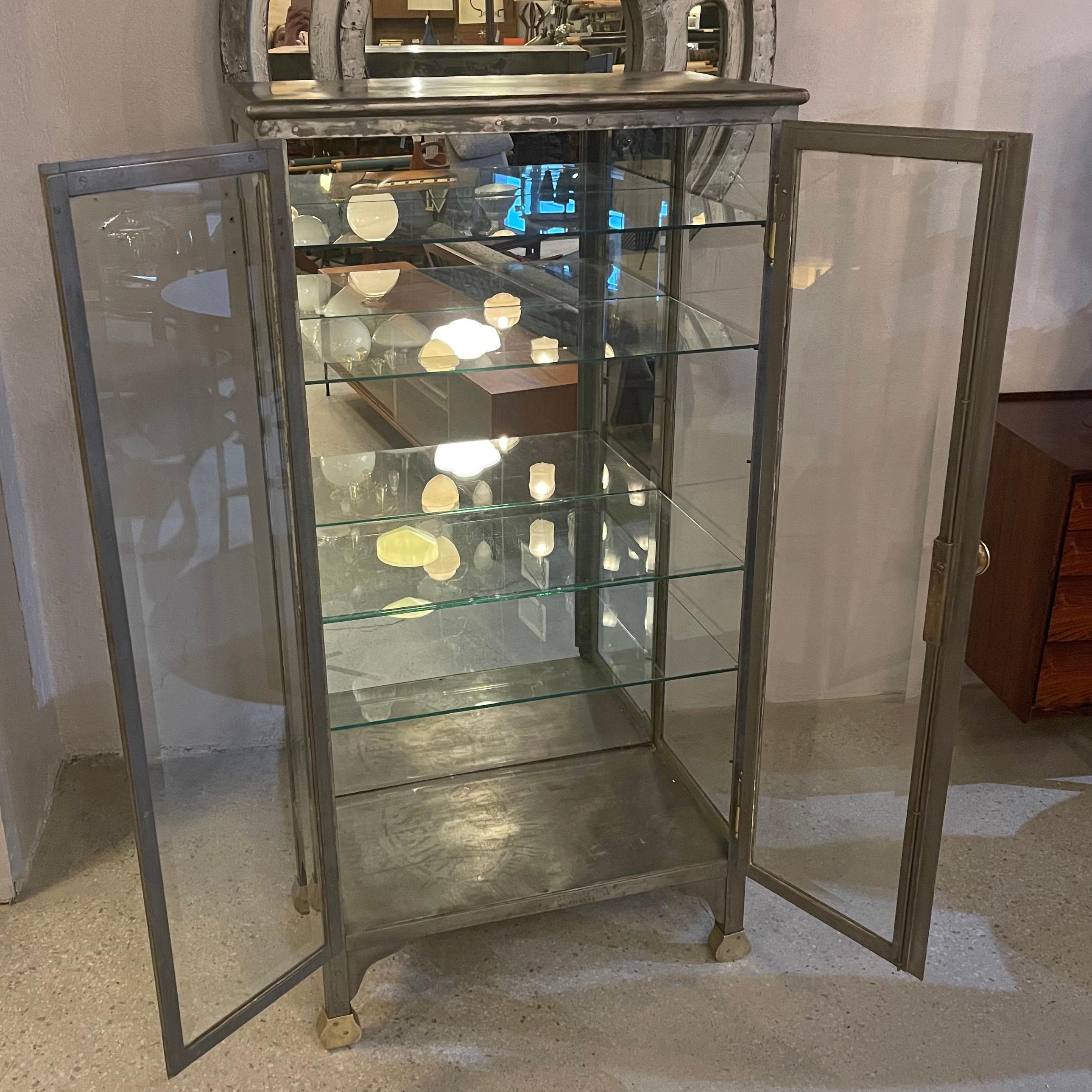 19th Century Antique Industrial Brushed Steel Double Door Apothecary Display Cabinet For Sale
