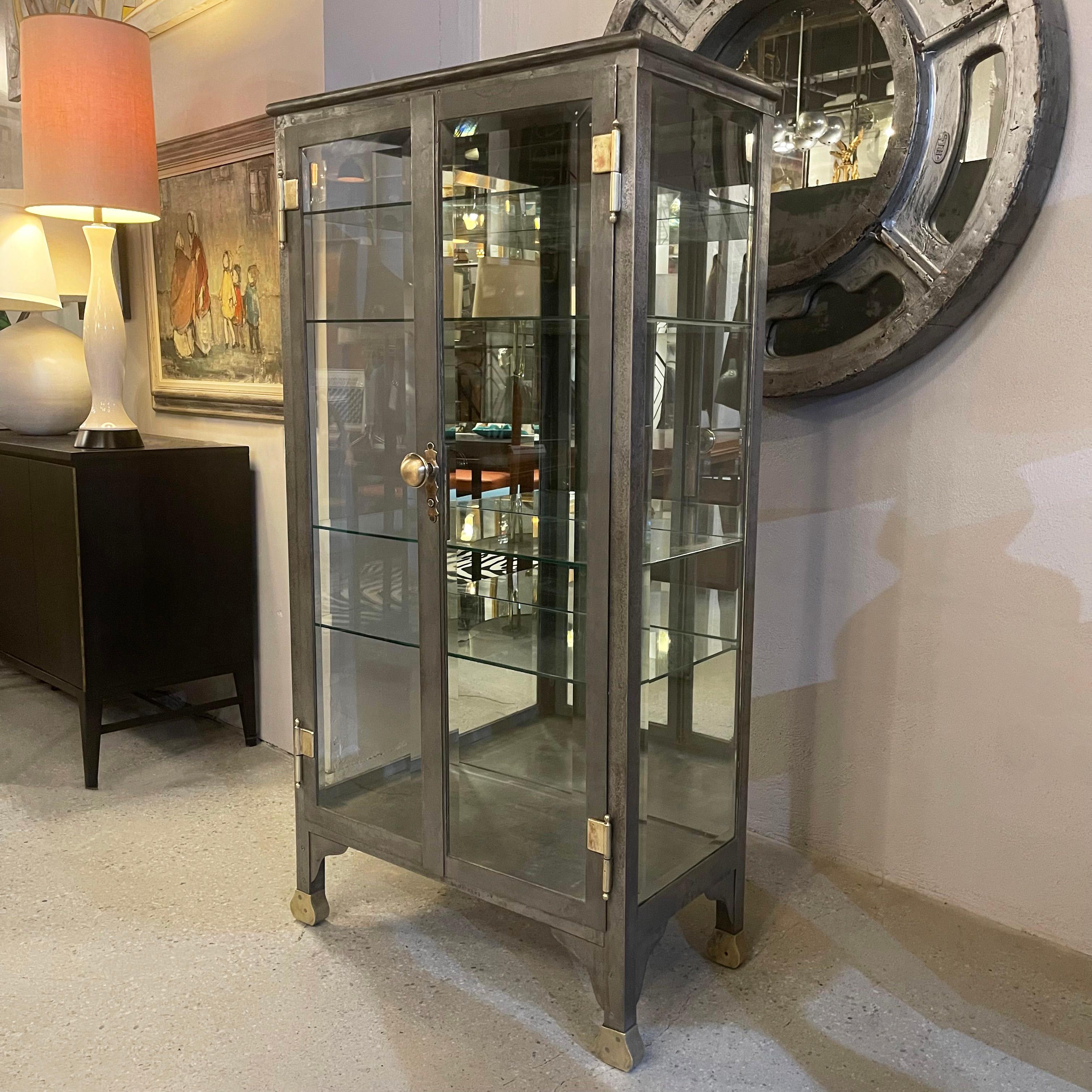 Antique Industrial Brushed Steel Double Door Apothecary Display Cabinet For Sale 2