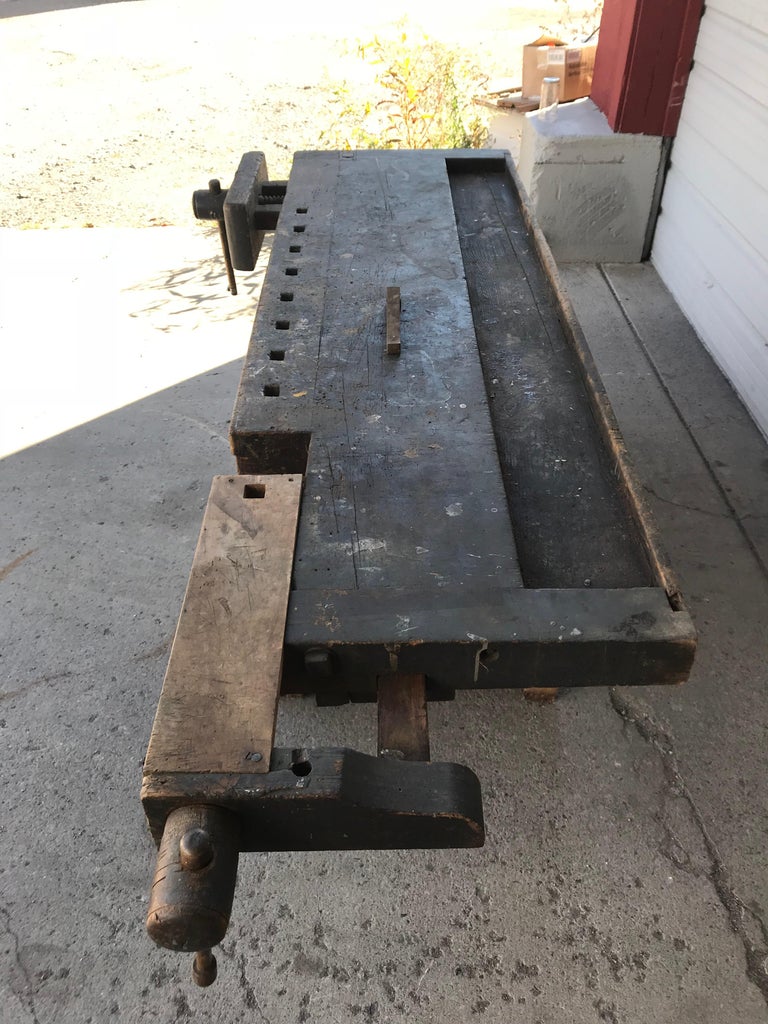 Antique Industrial Carpenters Workbench, 2 Vises, 2 