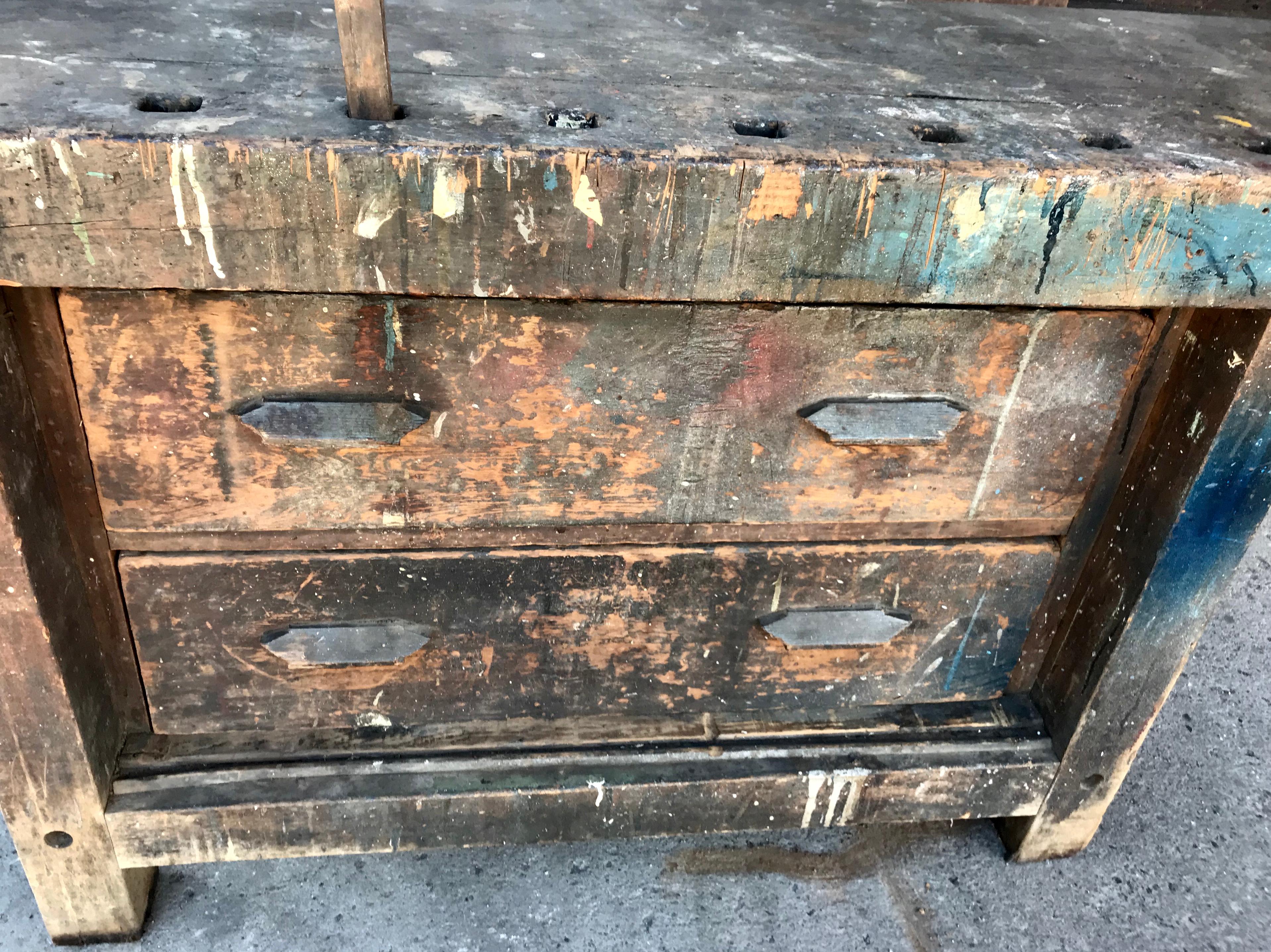 Hand-Crafted Antique Industrial Carpenters Workbench, 2 Vises, 2 Drawers, Amazing Patina