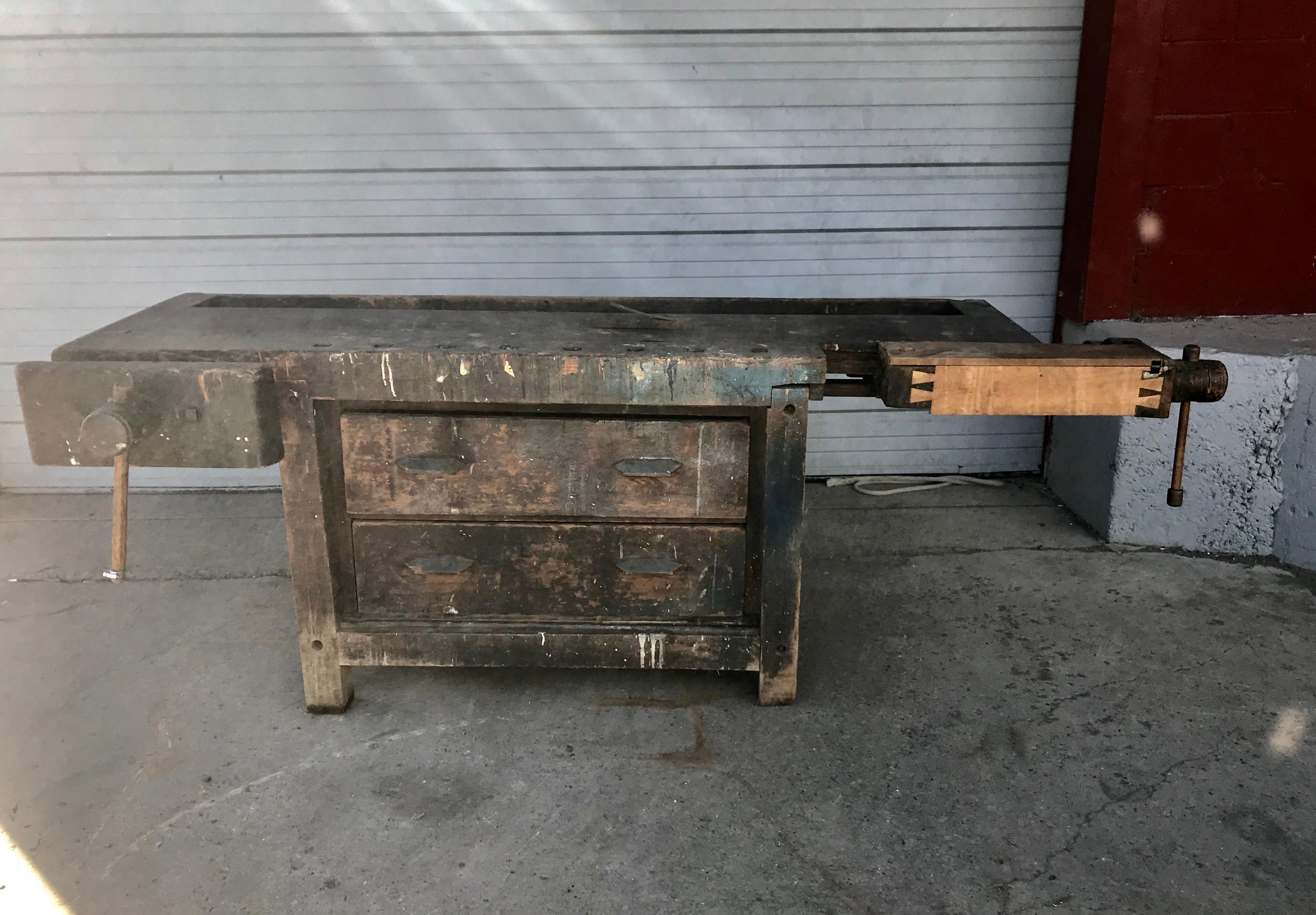 Antique Industrial Carpenters Workbench, 2 Vises, 2 Drawers, Amazing Patina In Distressed Condition In Buffalo, NY