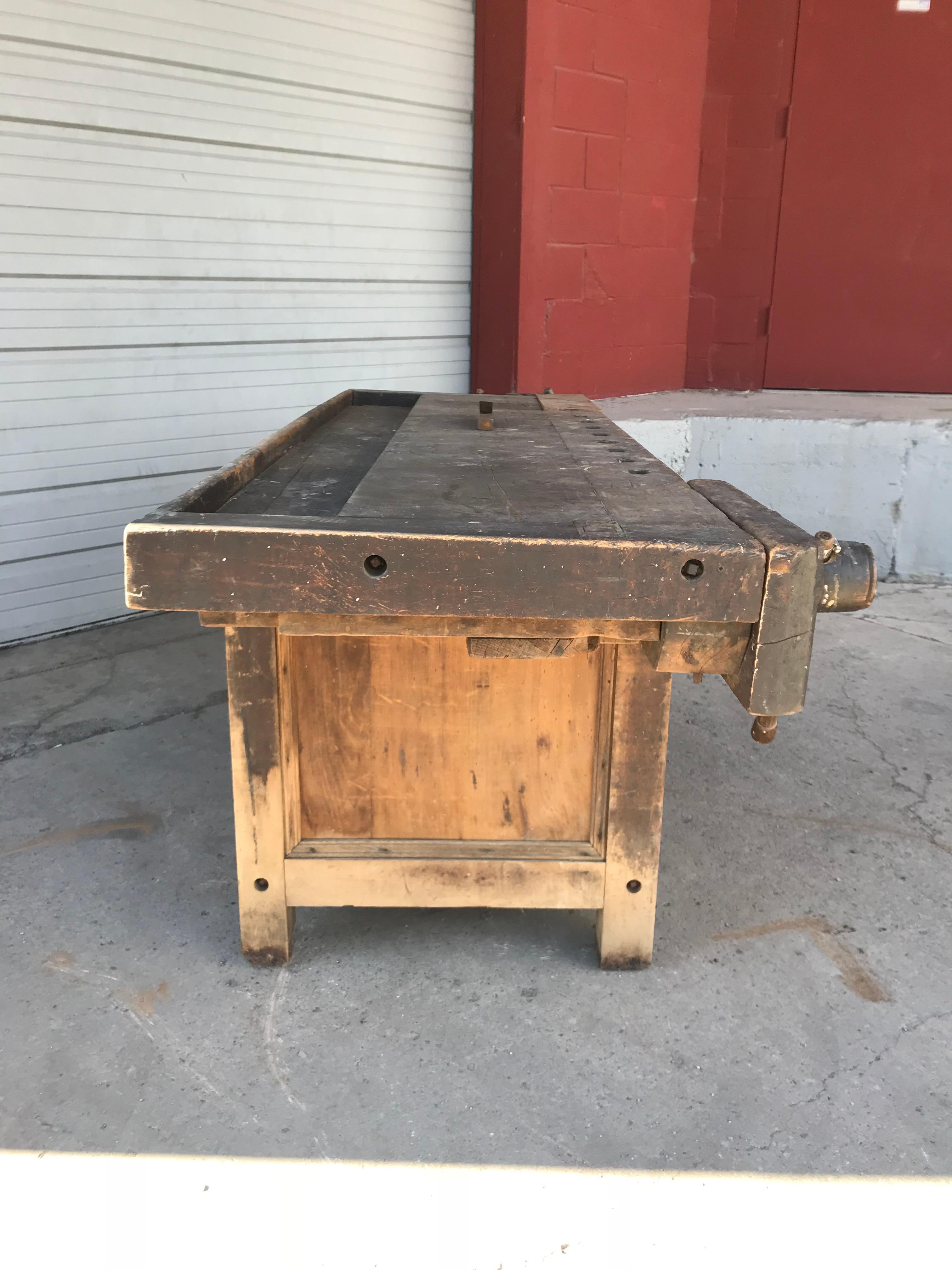 Early 20th Century Antique Industrial Carpenters Workbench, 2 Vises, 2 Drawers, Amazing Patina