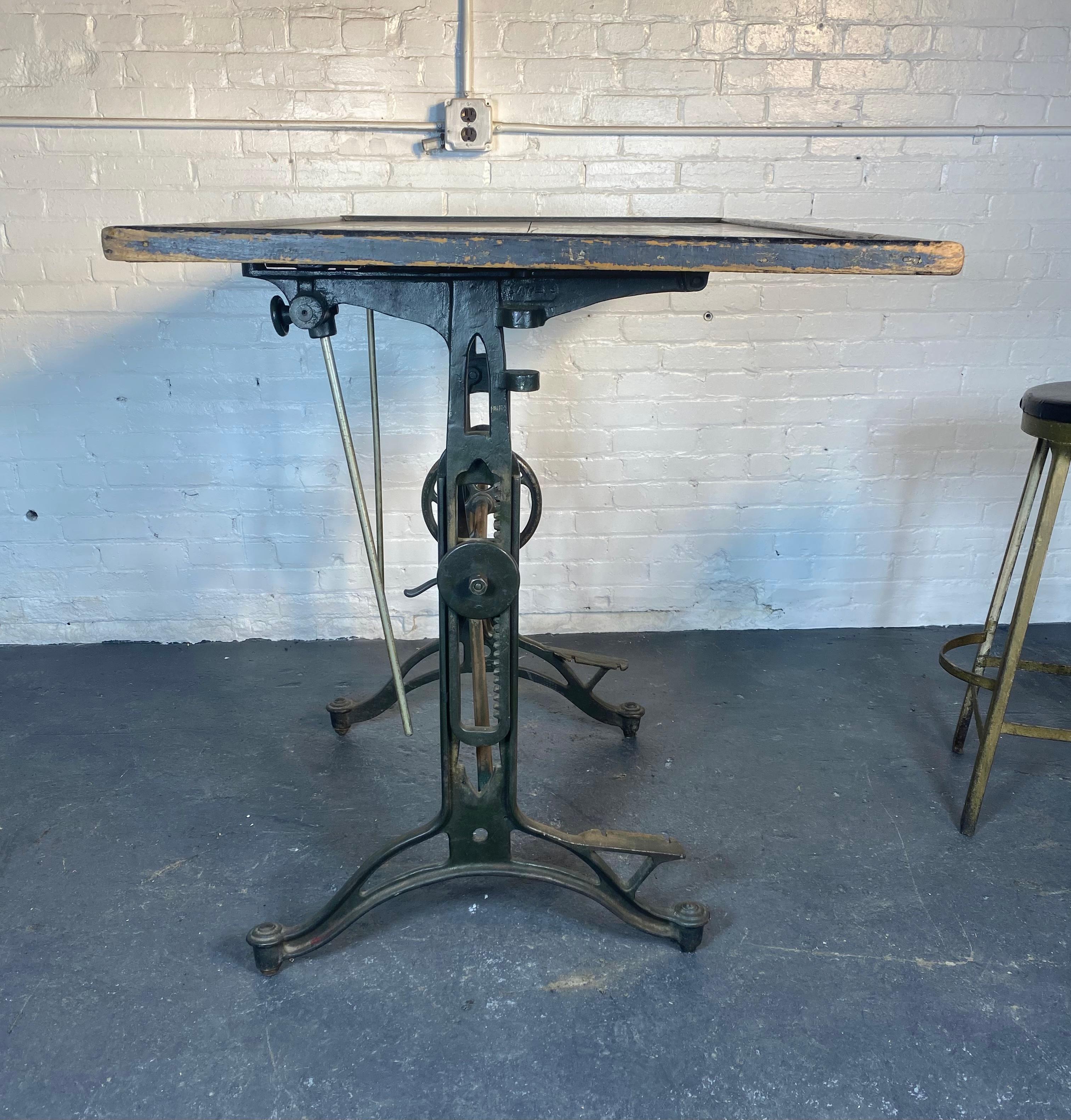 Antique Industrial Cast Iron Drafting / Drawing Table by Keuffel and Esser Co. 1 In Distressed Condition For Sale In Buffalo, NY