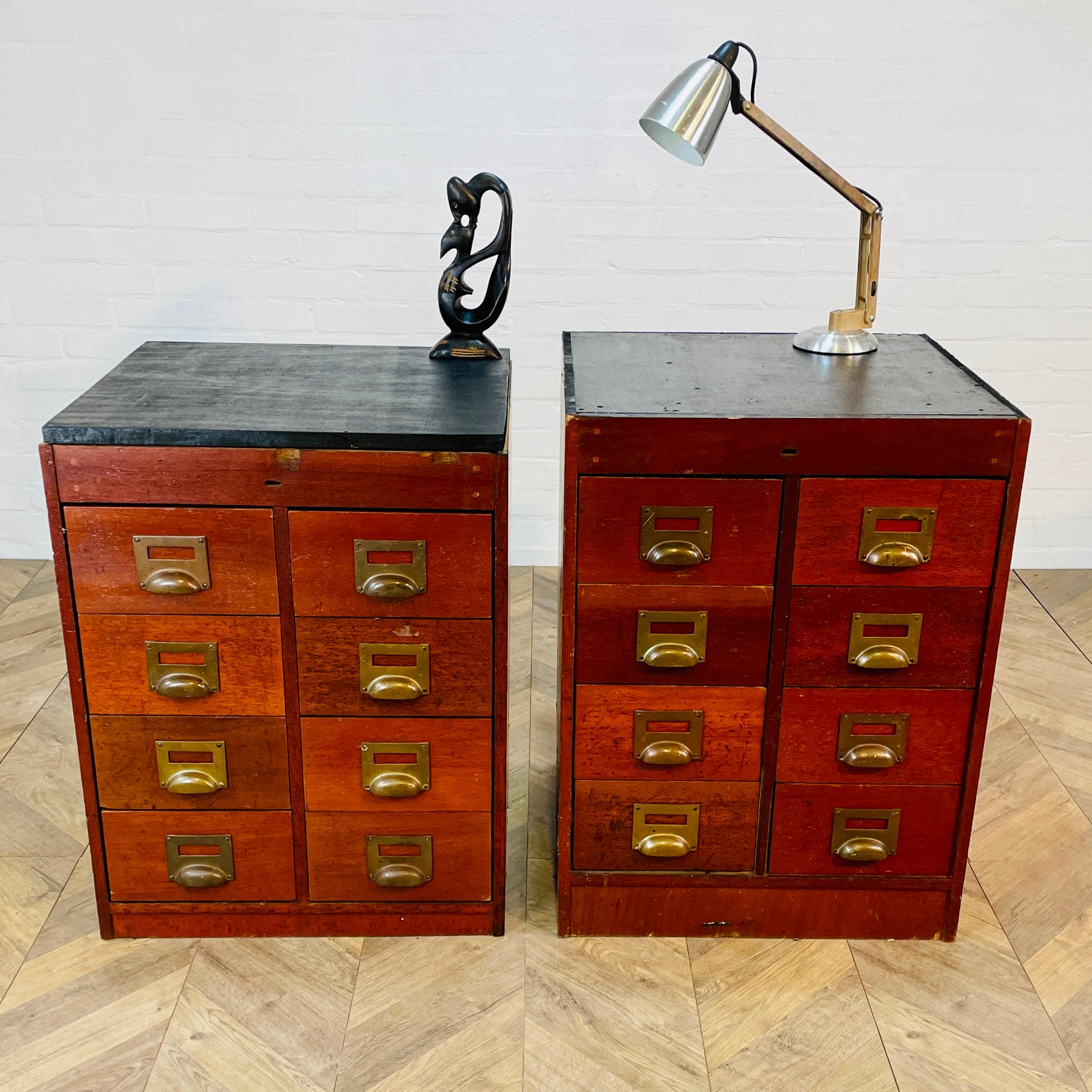 A Beautiful Pair of Antique Industrial Drawers, circa 1900s

Each one boasts 8 drawers with original brass handles. They are well proportioned and have a lovely worn patina, but still in good vintage condition, in-keeping with its age and