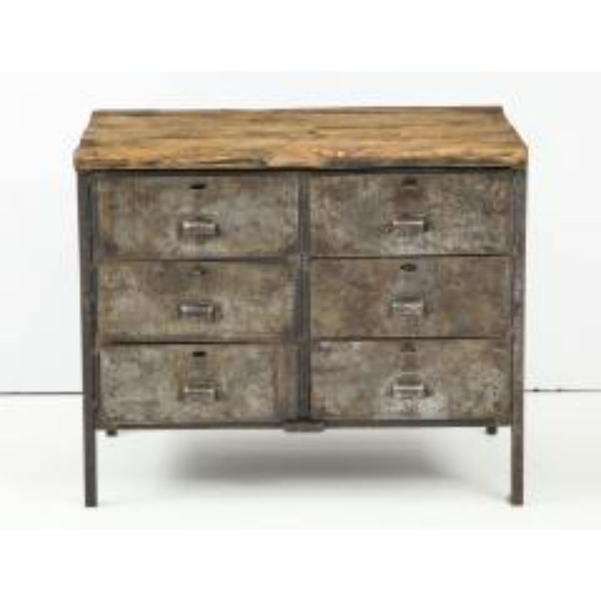 Antique Industrial Metal Chest of Drawers with Chunky Wood Top, circa 1900.

