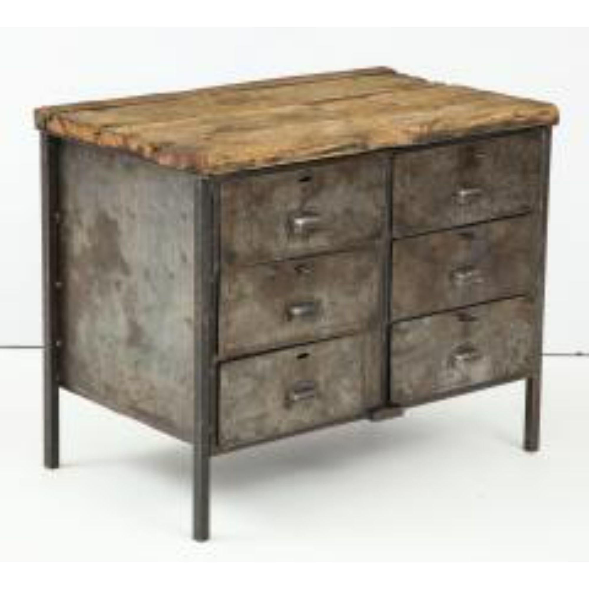 American Antique Industrial Chest of Drawers in Metal and Chunky Wood Top, circa 1900 For Sale