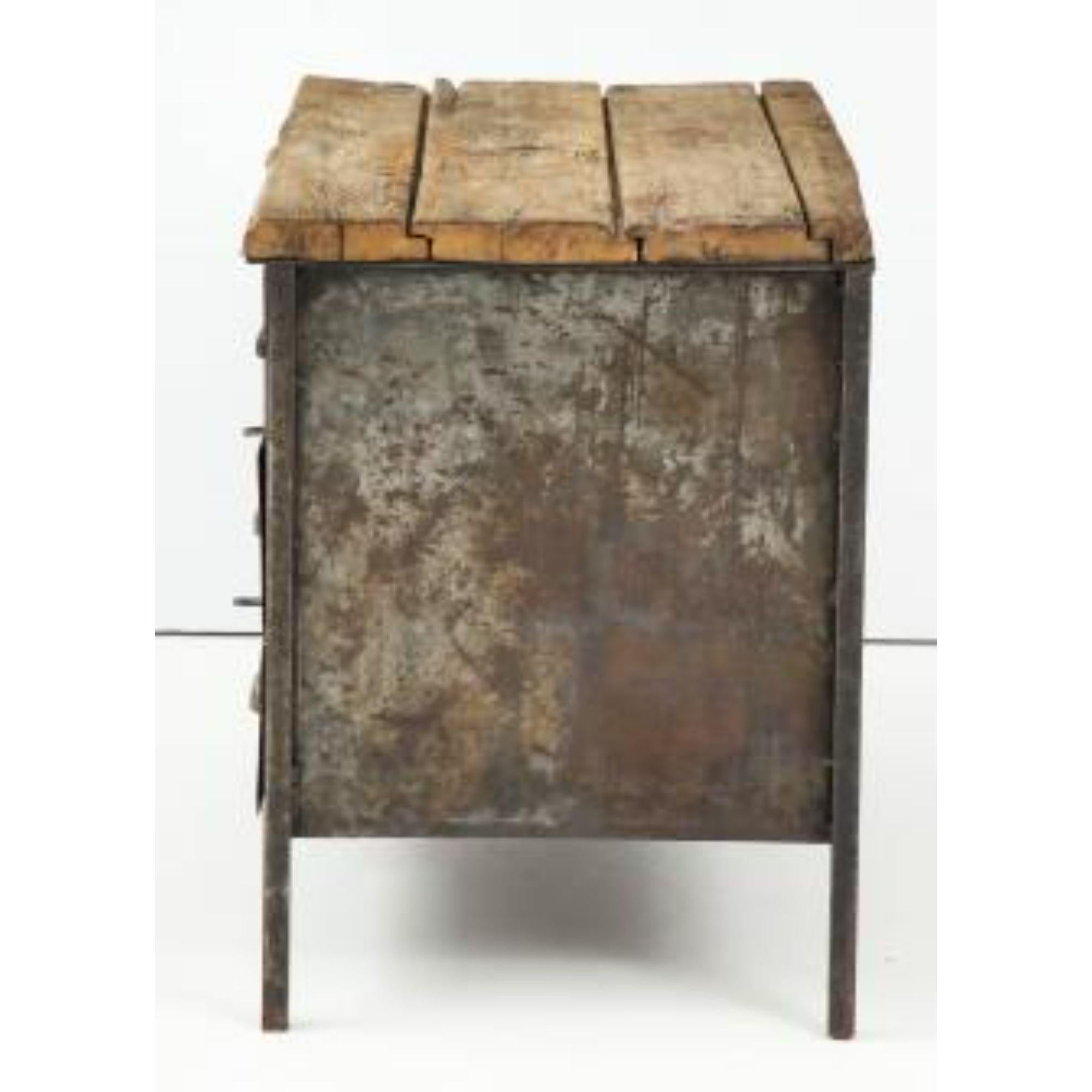 Antique Industrial Chest of Drawers in Metal and Chunky Wood Top, circa 1900 In Distressed Condition For Sale In New York City, NY