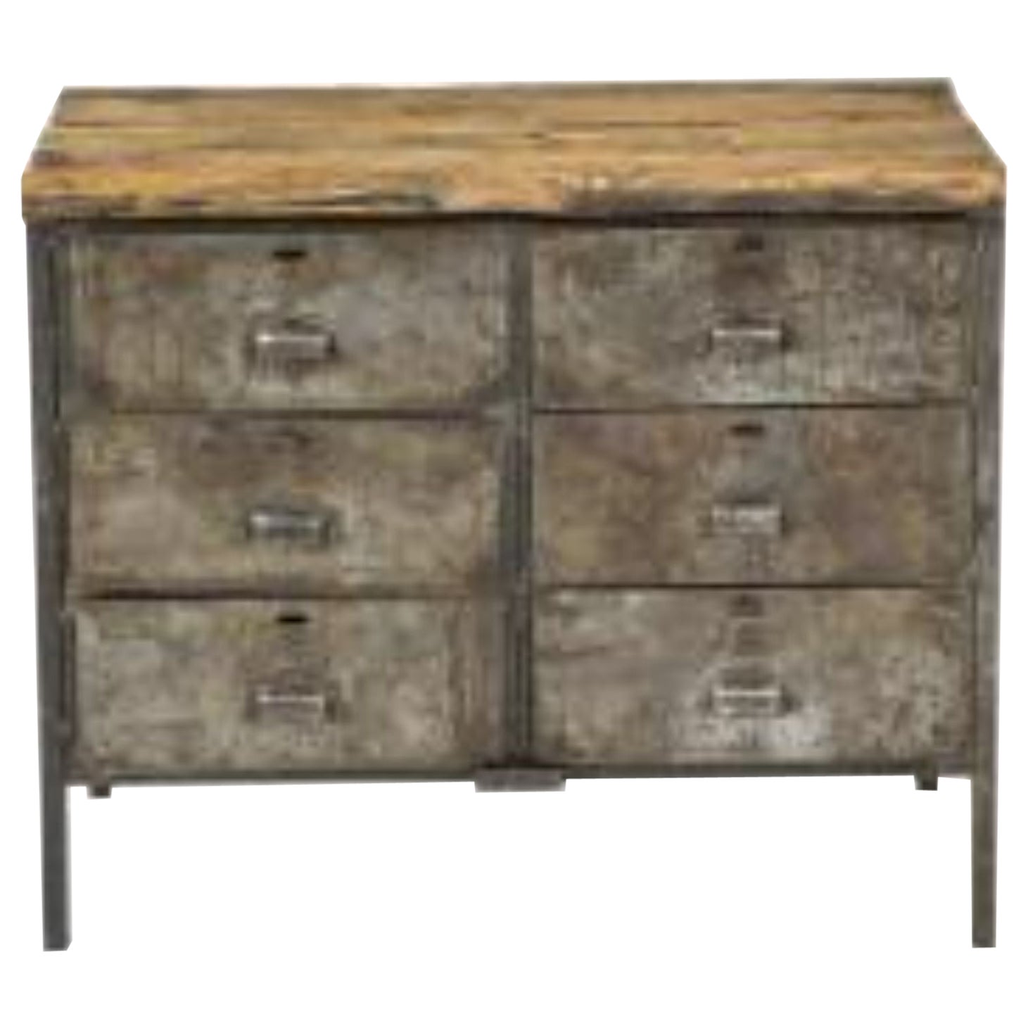 Antike industrielle Kommode aus Metall und klobigem Holz mit Platte, um 1900