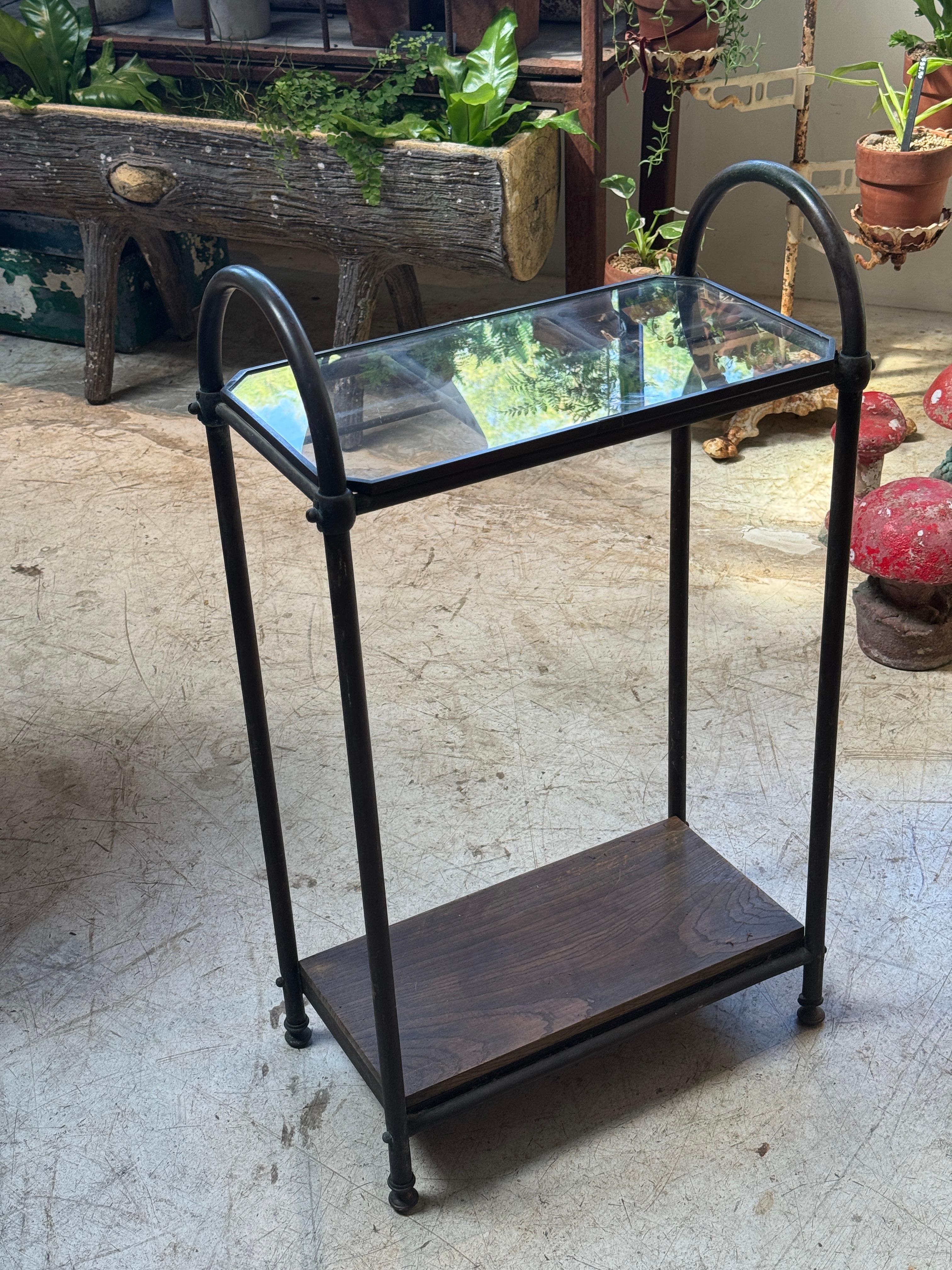 Woodwork Antique Industrial Copper & Glass Entryway Stand with Wooden Shelf For Sale