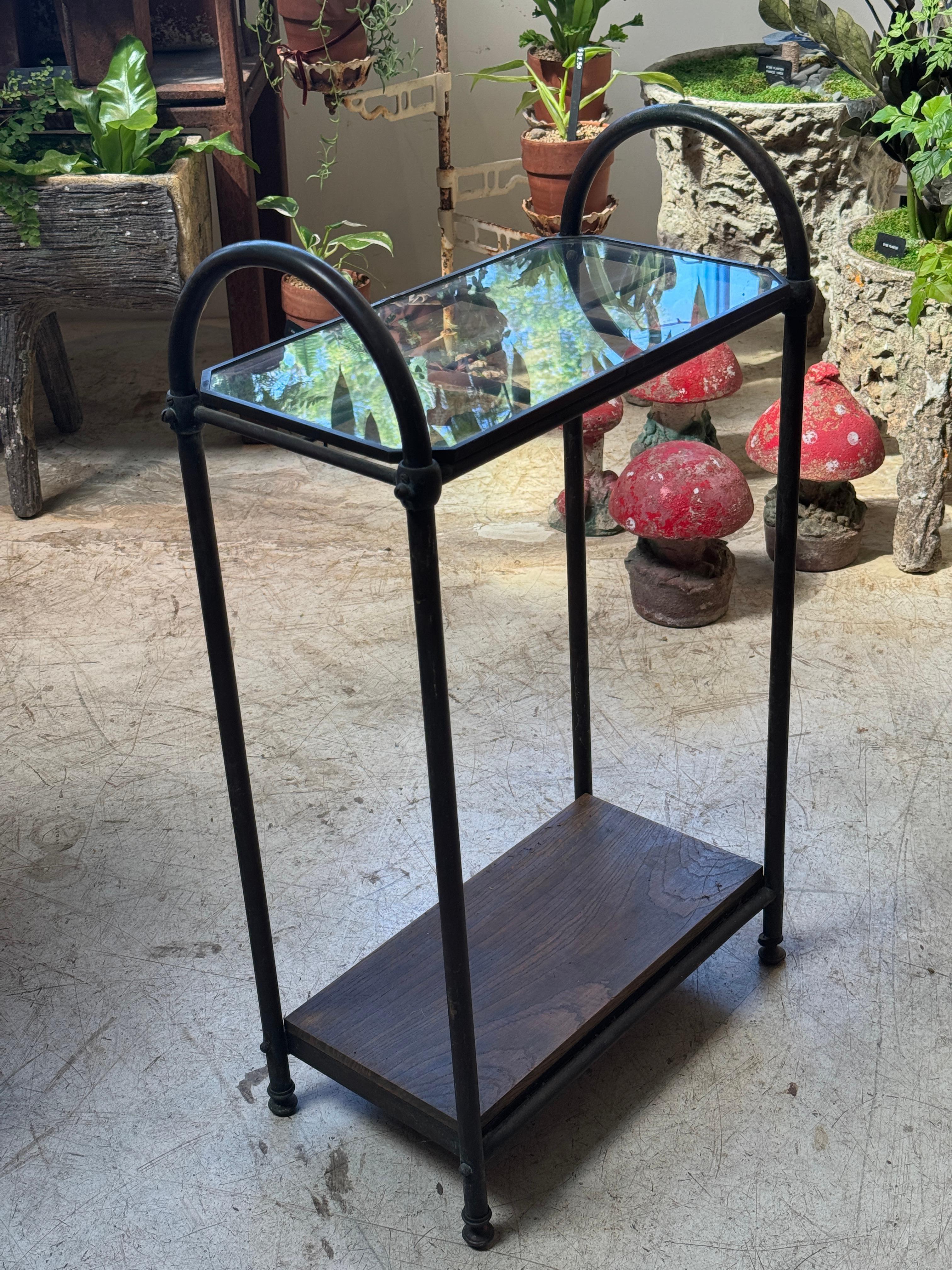 Antique Industrial Copper & Glass Entryway Stand with Wooden Shelf In Good Condition For Sale In West Hollywood, CA
