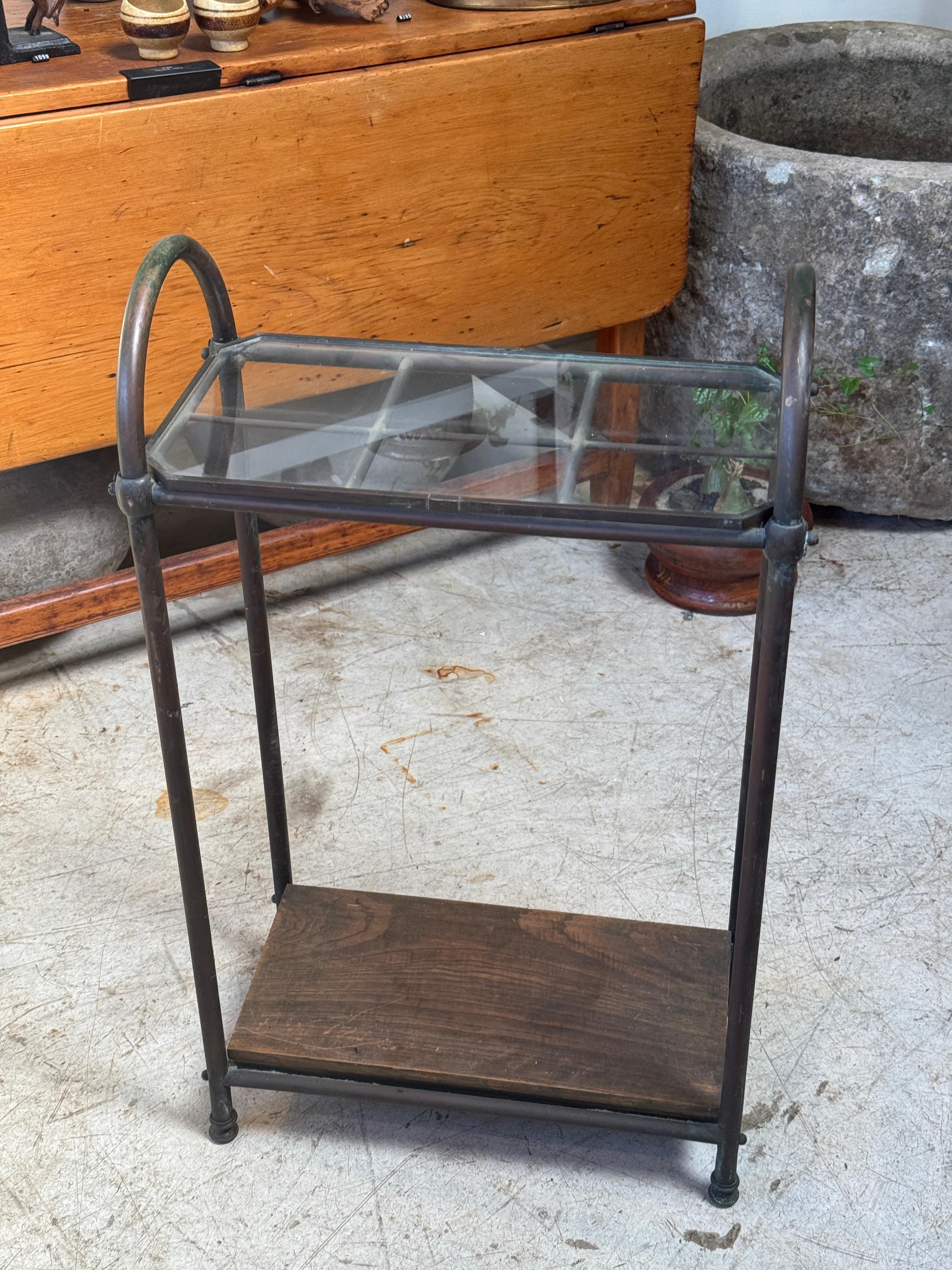 20th Century Antique Industrial Copper & Glass Entryway Stand with Wooden Shelf For Sale