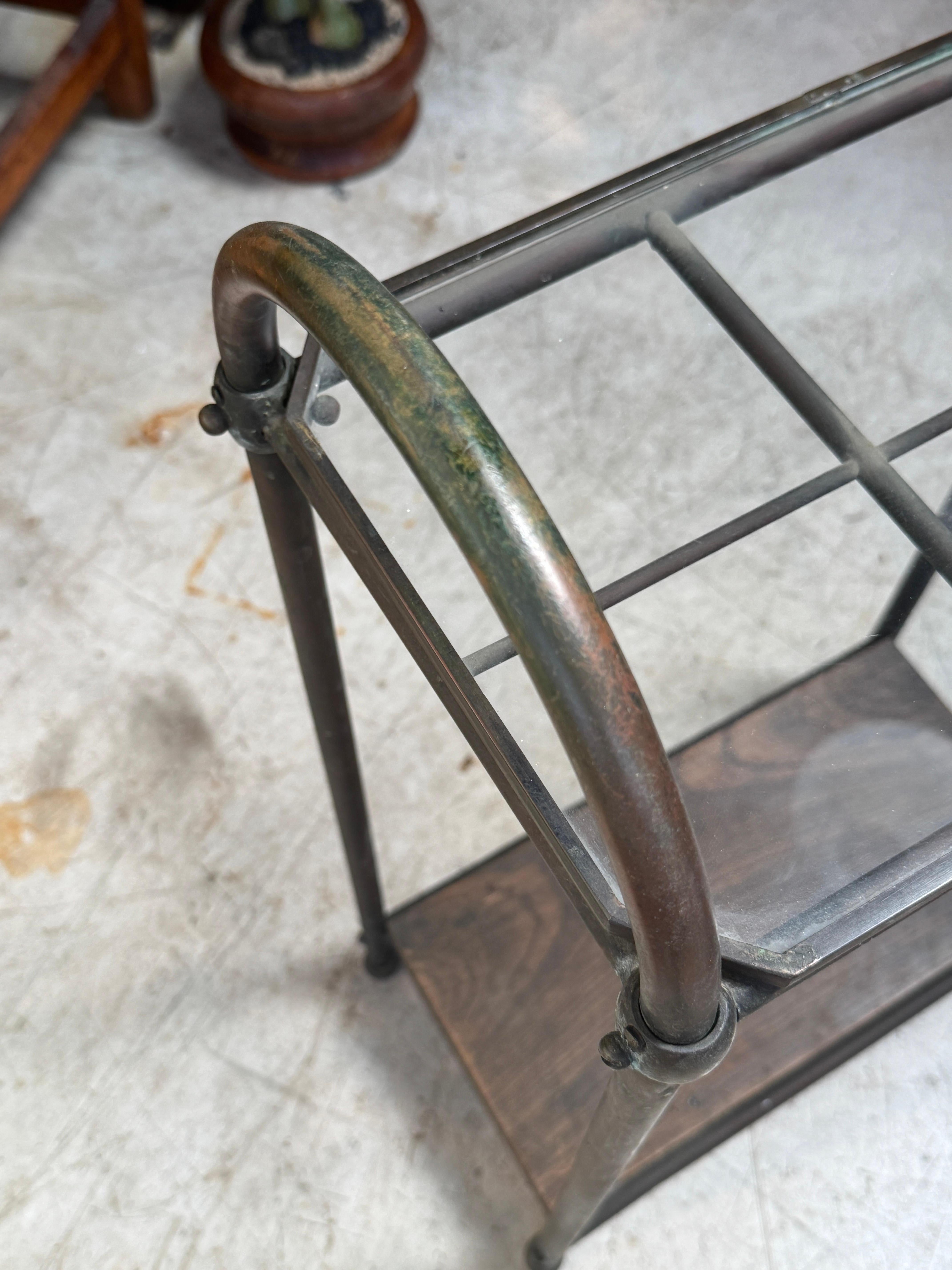 Antique Industrial Copper & Glass Entryway Stand with Wooden Shelf For Sale 1