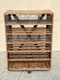 Antique Industrial Distress Gray Wooden Rolling Shelf Storage Cart Store Display