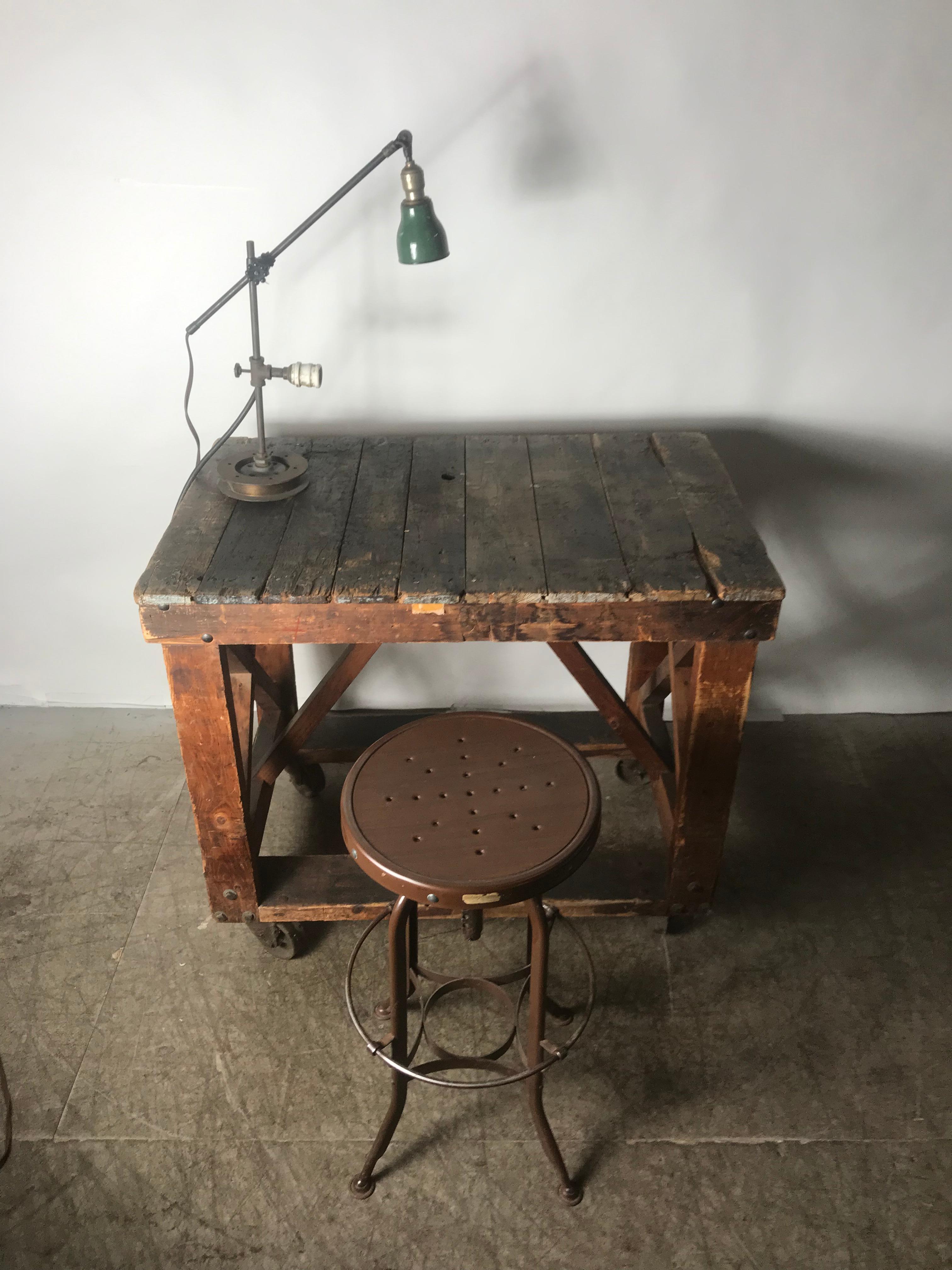 American Antique Industrial Factory Work Table on Iron Castors For Sale