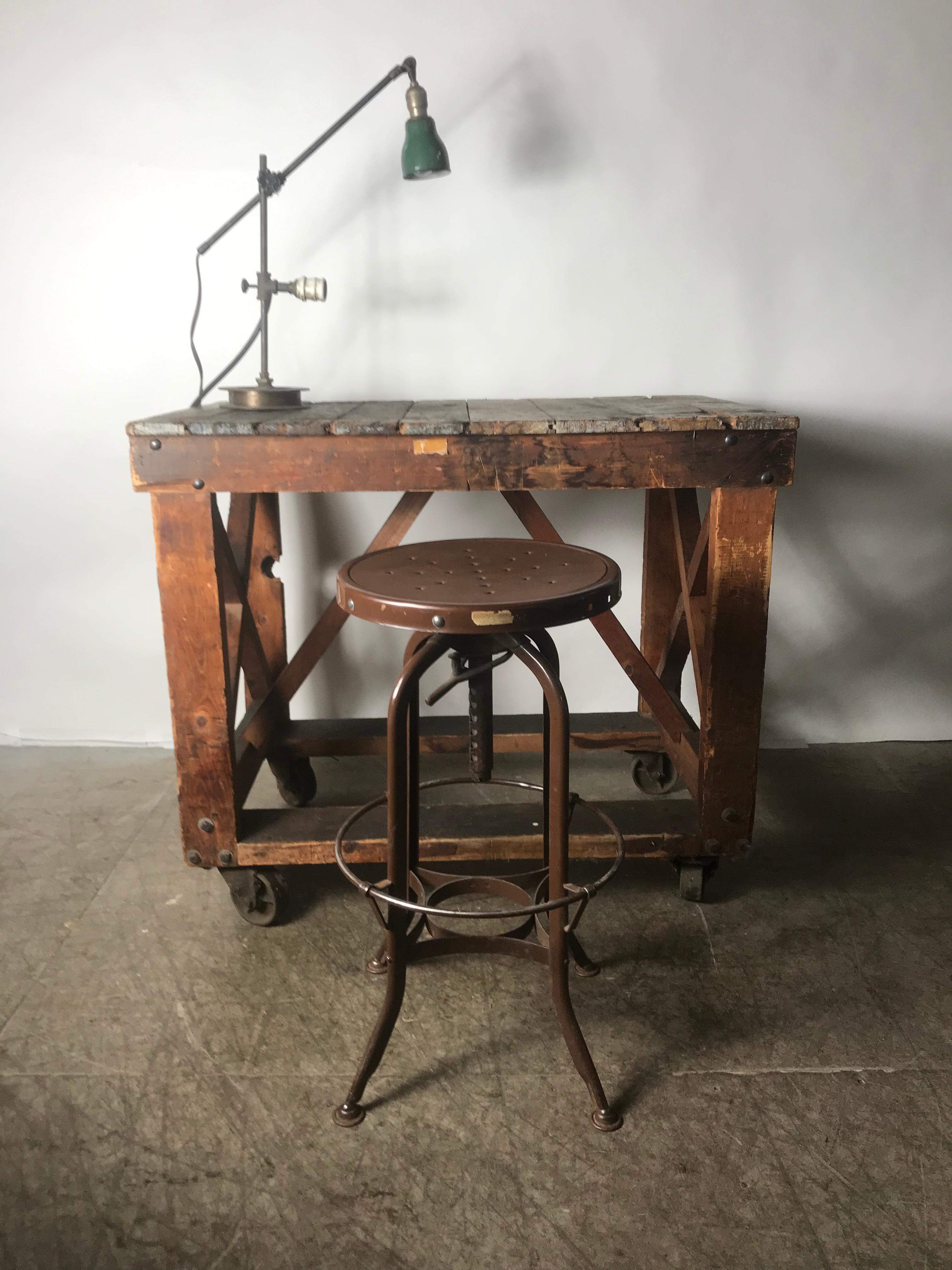 Hand-Crafted Antique Industrial Factory Work Table on Iron Castors For Sale