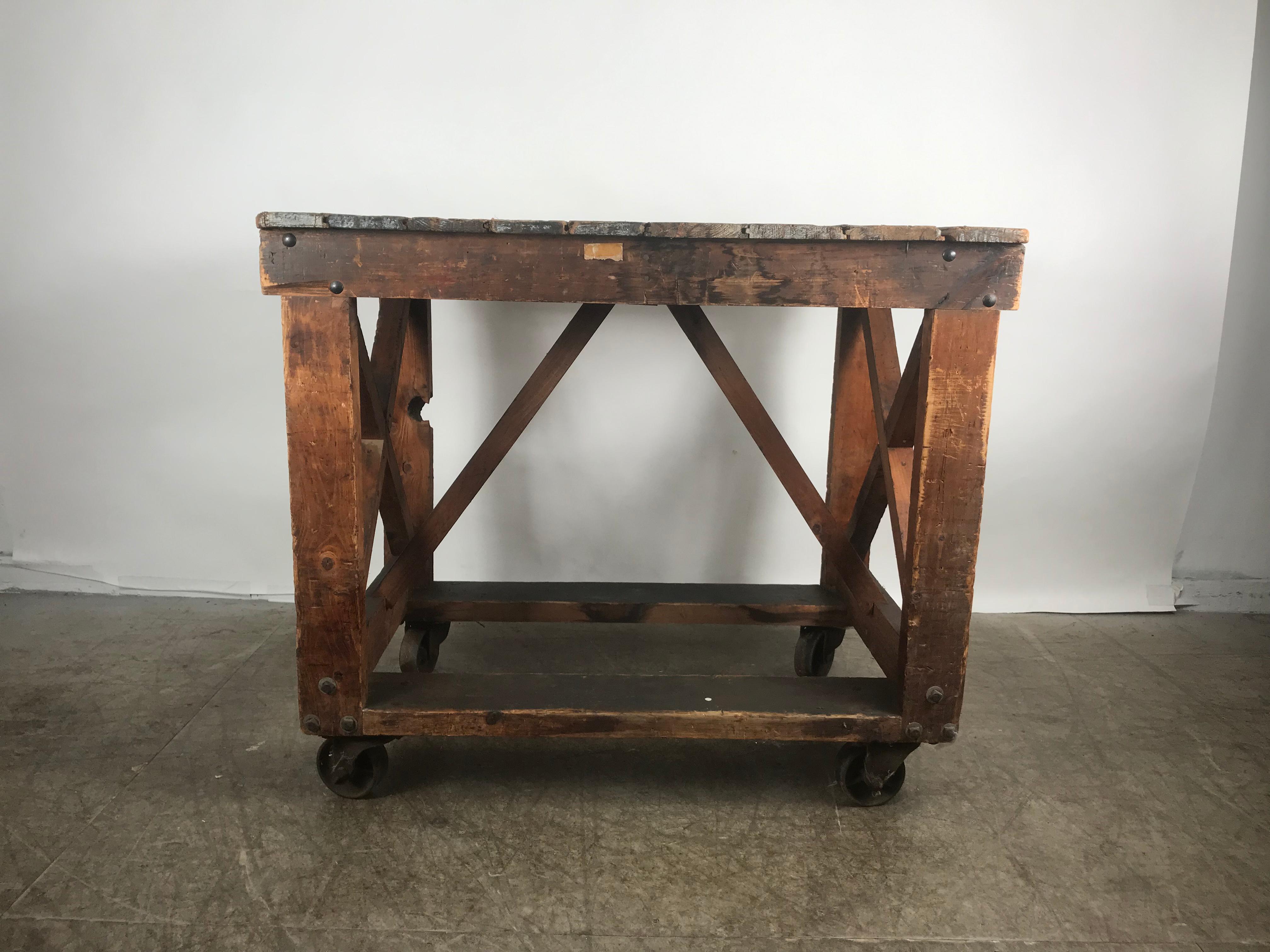 Mid-20th Century Antique Industrial Factory Work Table on Iron Castors For Sale