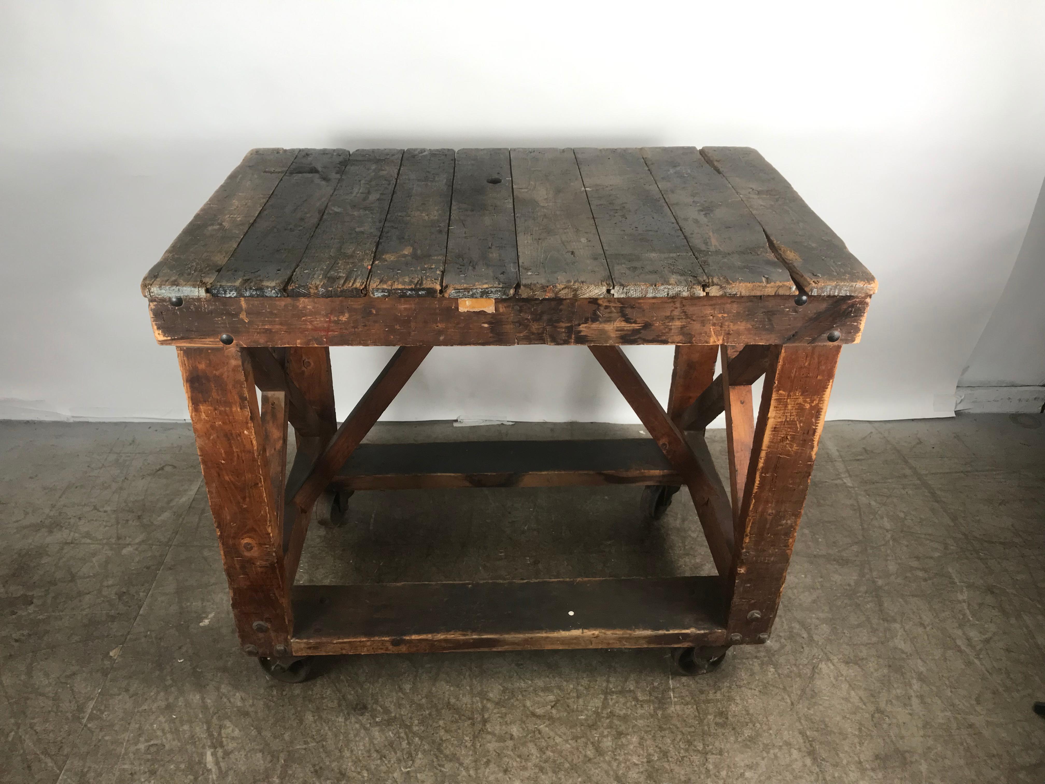 Wood Antique Industrial Factory Work Table on Iron Castors For Sale
