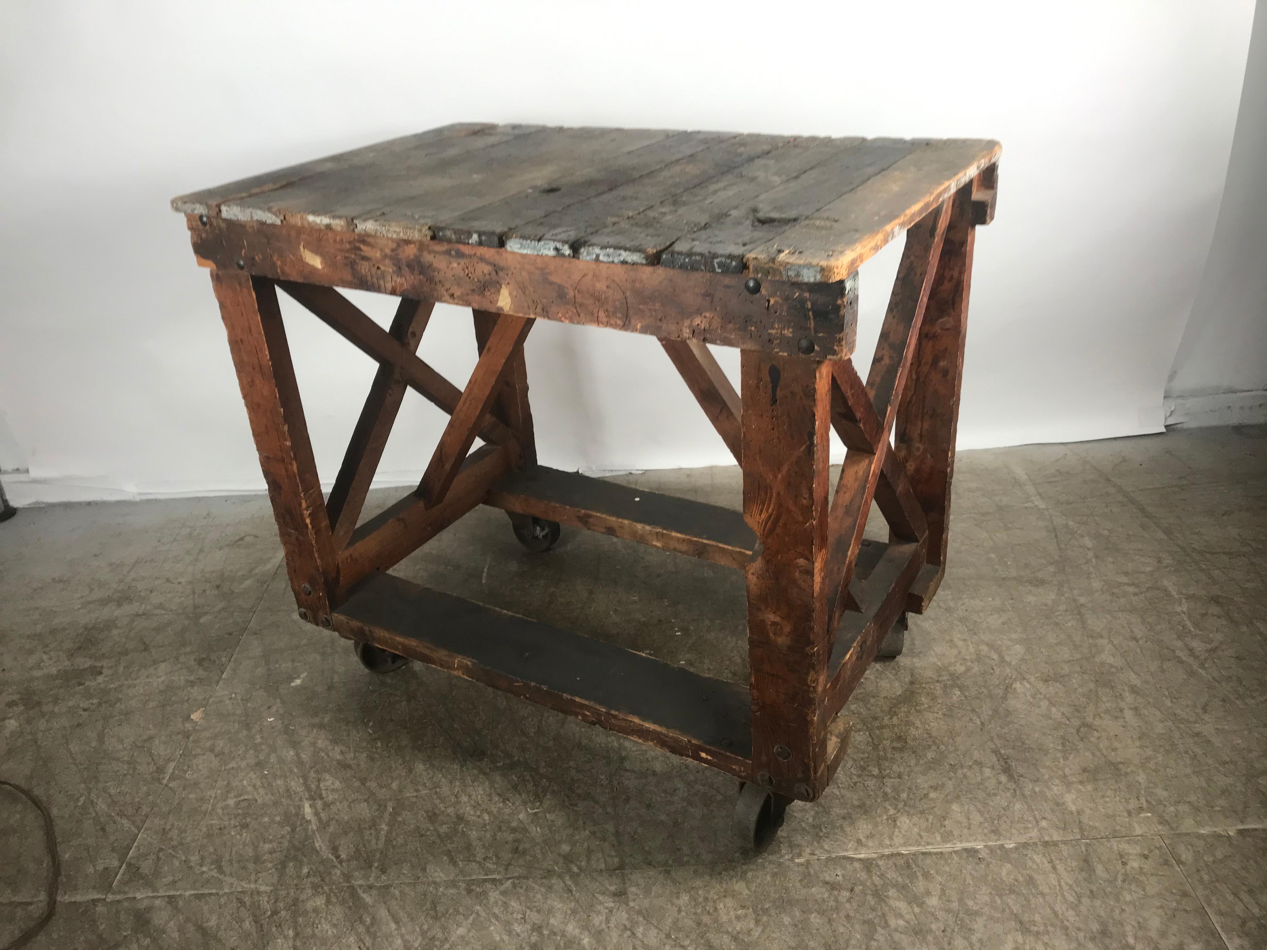 Antique Industrial Factory Work Table on Iron Castors For Sale 1