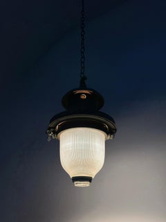 Antique Industrial French Holophane Devant Ceiling Pendant Street Light Lamp