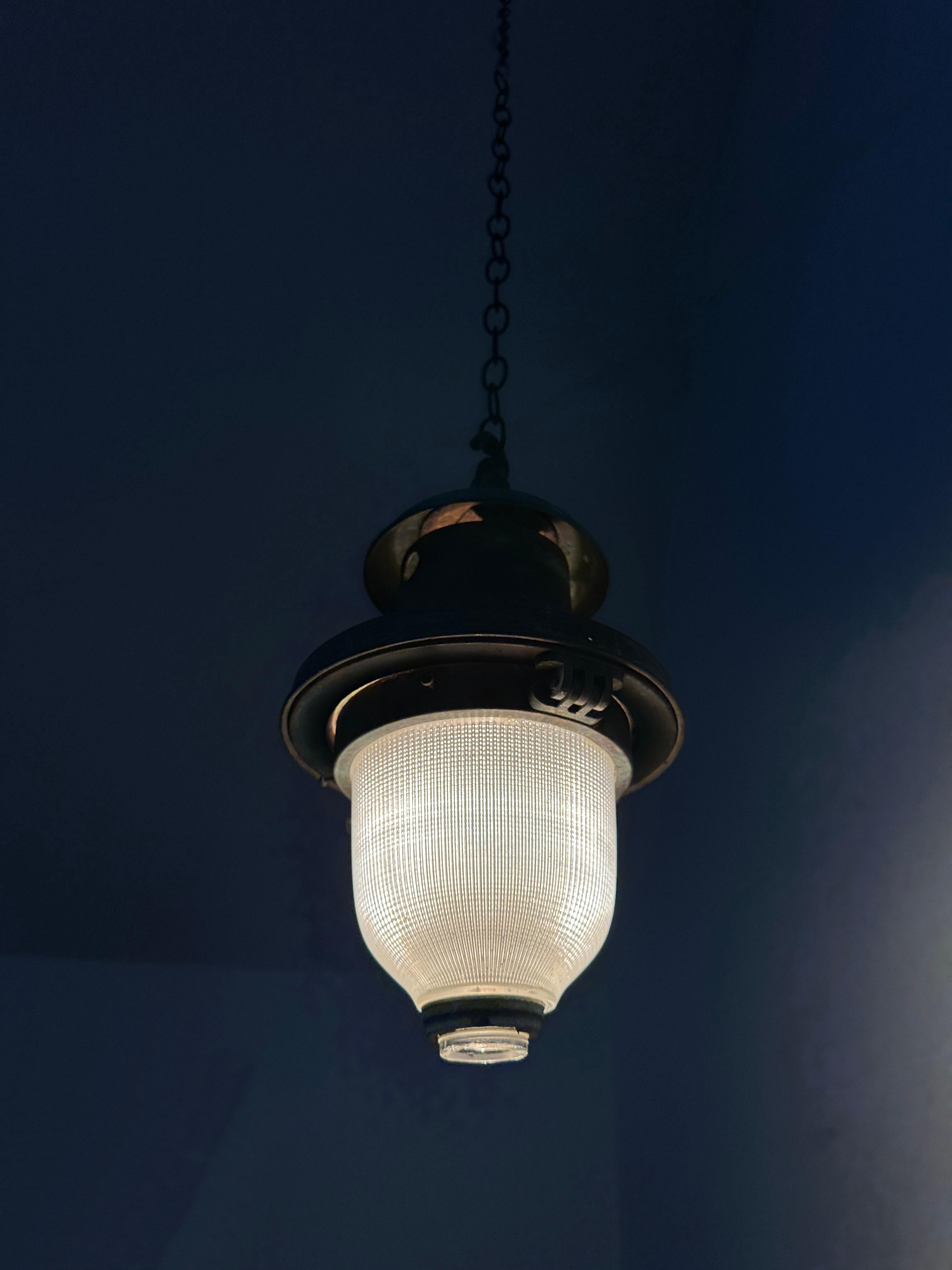 20th Century Antique Industrial French Holophane Devant Ceiling Pendant Street Light Lamp For Sale