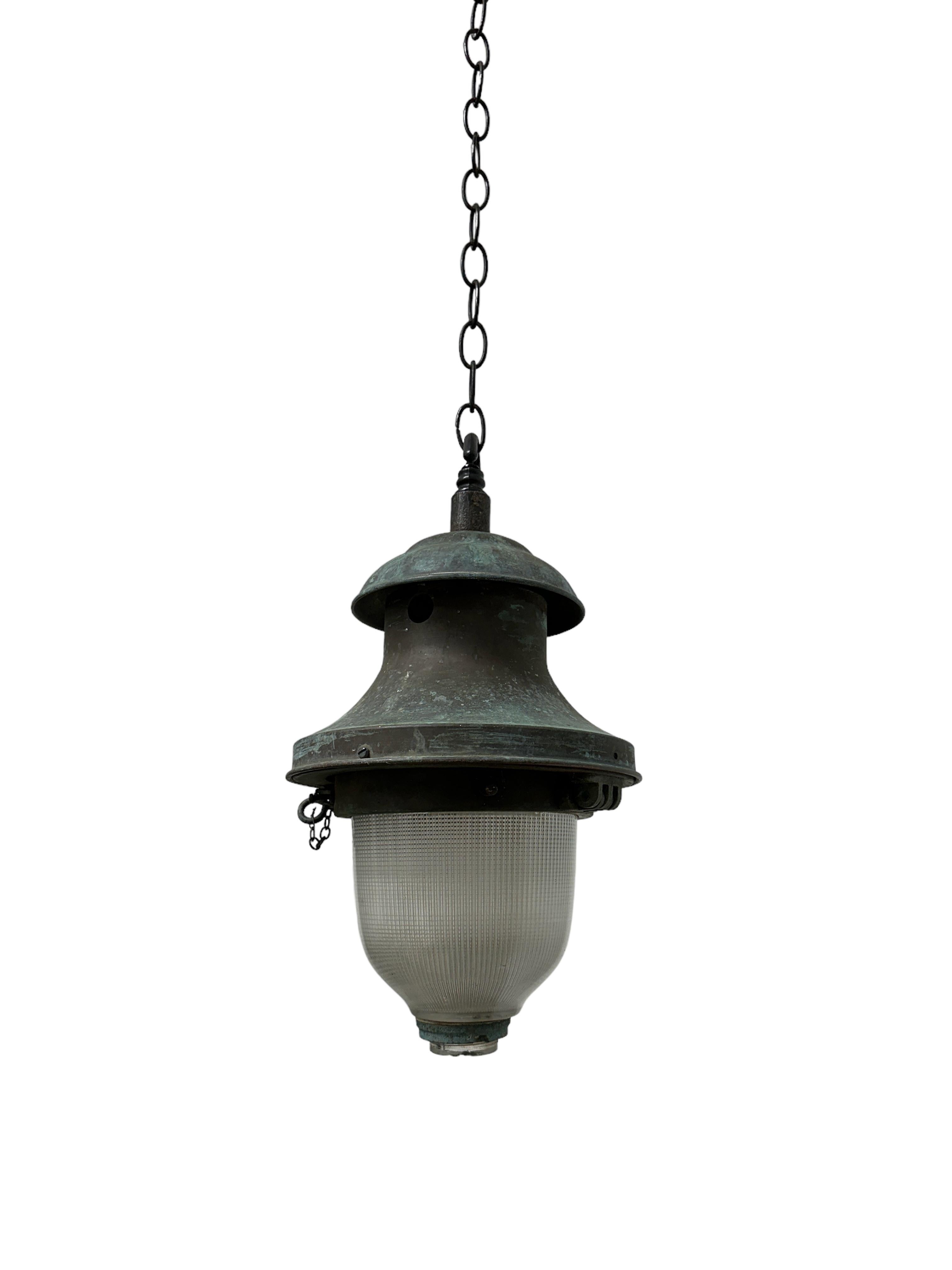 Copper Antique Industrial French Holophane Devant Ceiling Pendant Street Light Lamp For Sale