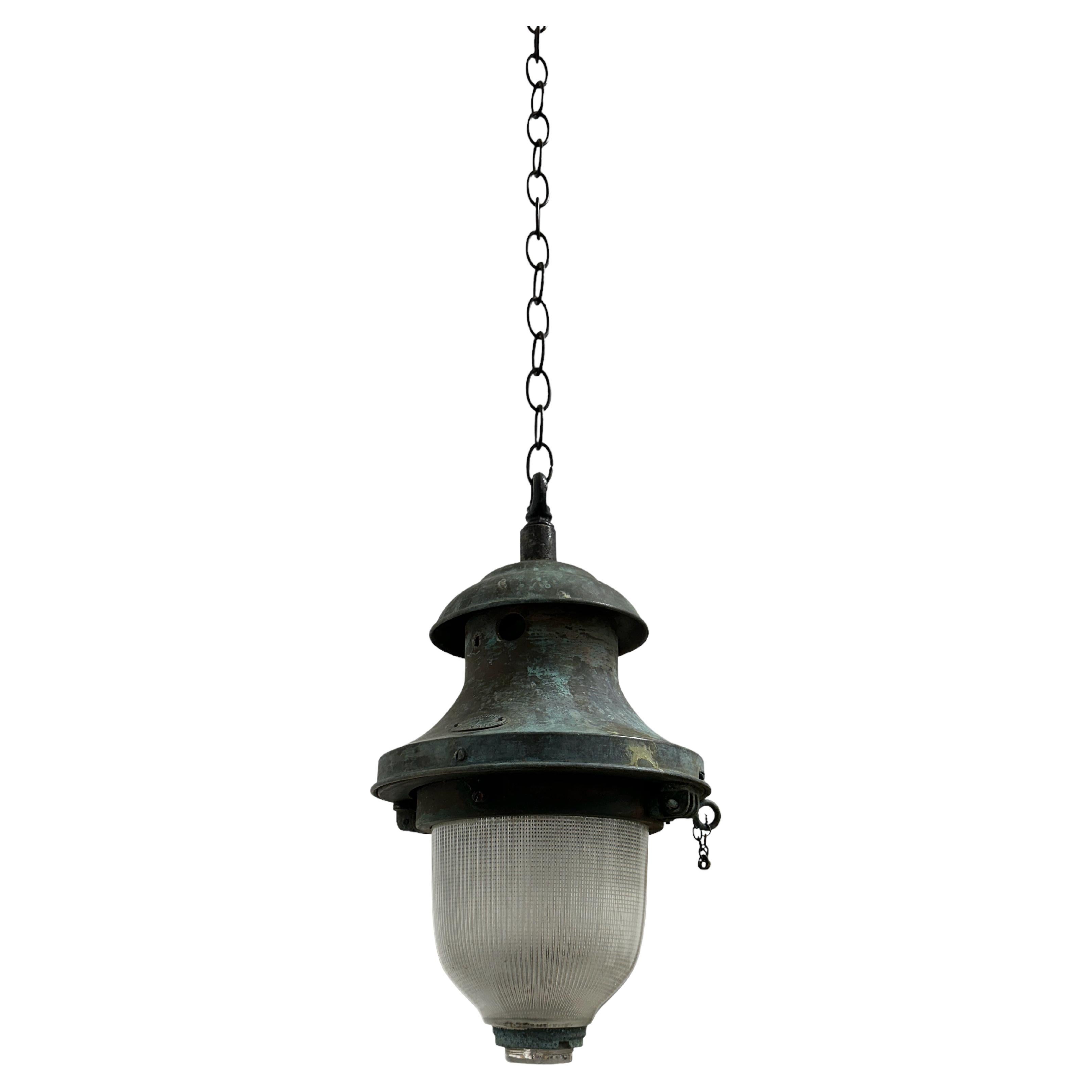 Antique Industrial French Holophane Devant Ceiling Pendant Street Light Lamp For Sale
