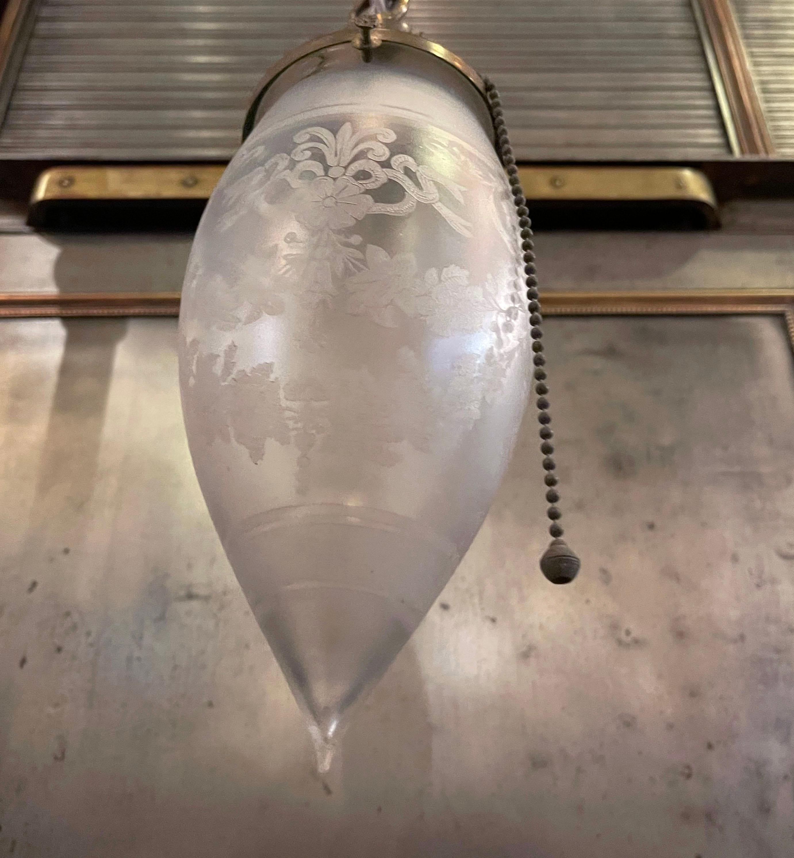Antique Industrial Frosted Teardrop Pendant Light In Good Condition For Sale In Brooklyn, NY
