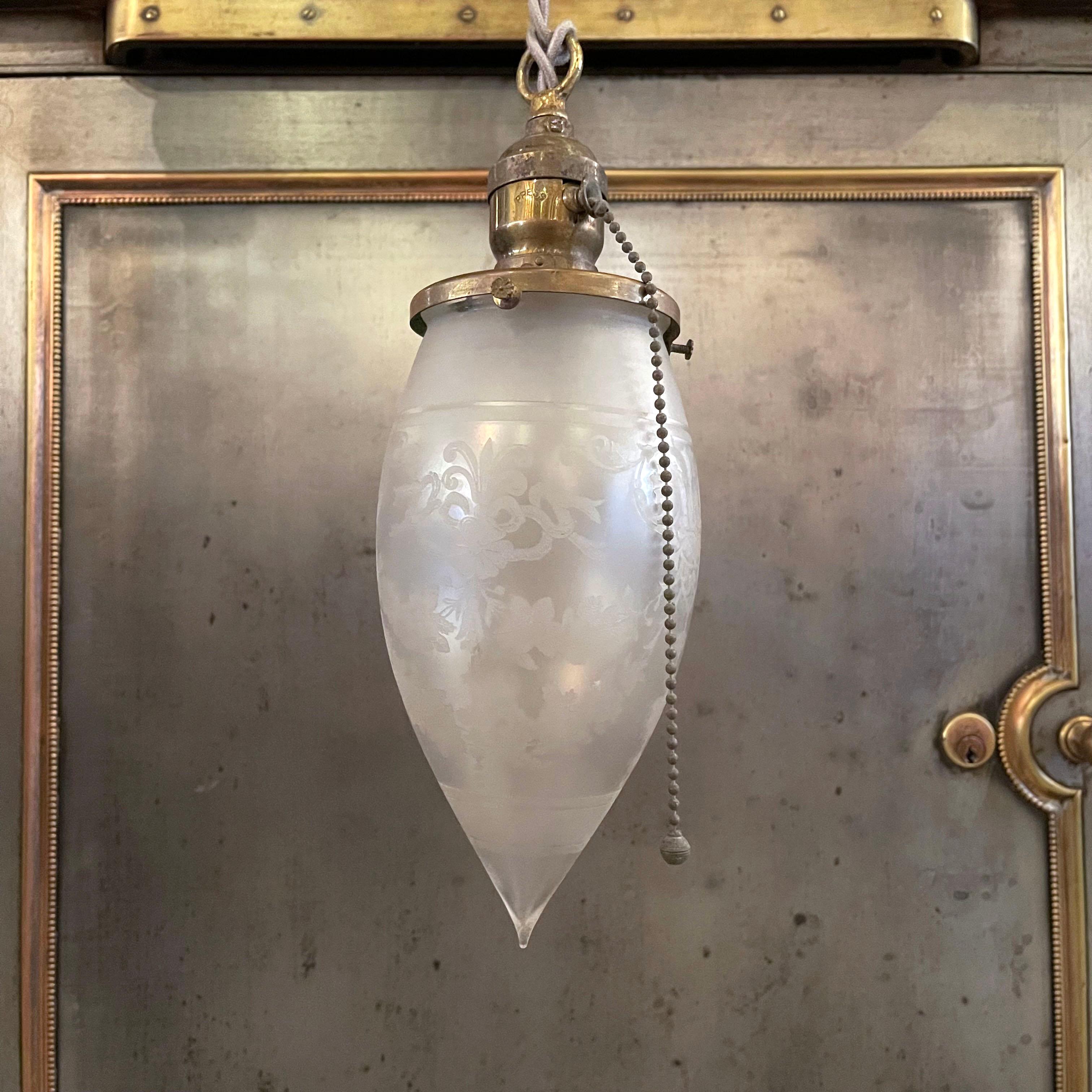 Brass Antique Industrial Frosted Teardrop Pendant Light For Sale