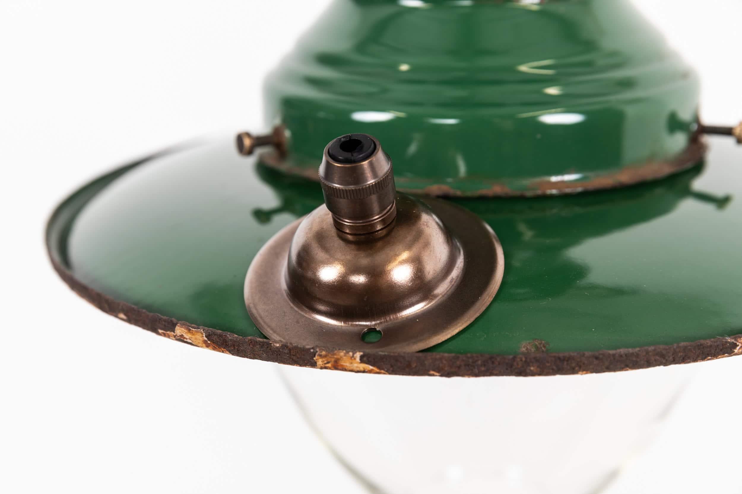 Glass Antique Industrial Green Enamel Railway Gas Pendant Light, C.1900 For Sale